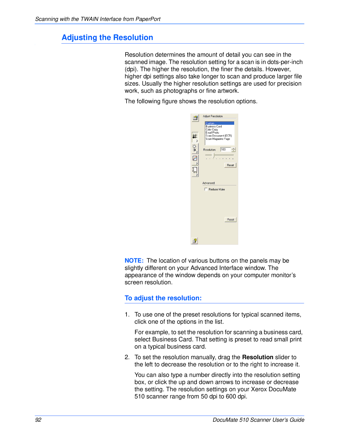 Xerox 510 manual Adjusting the Resolution, To adjust the resolution 