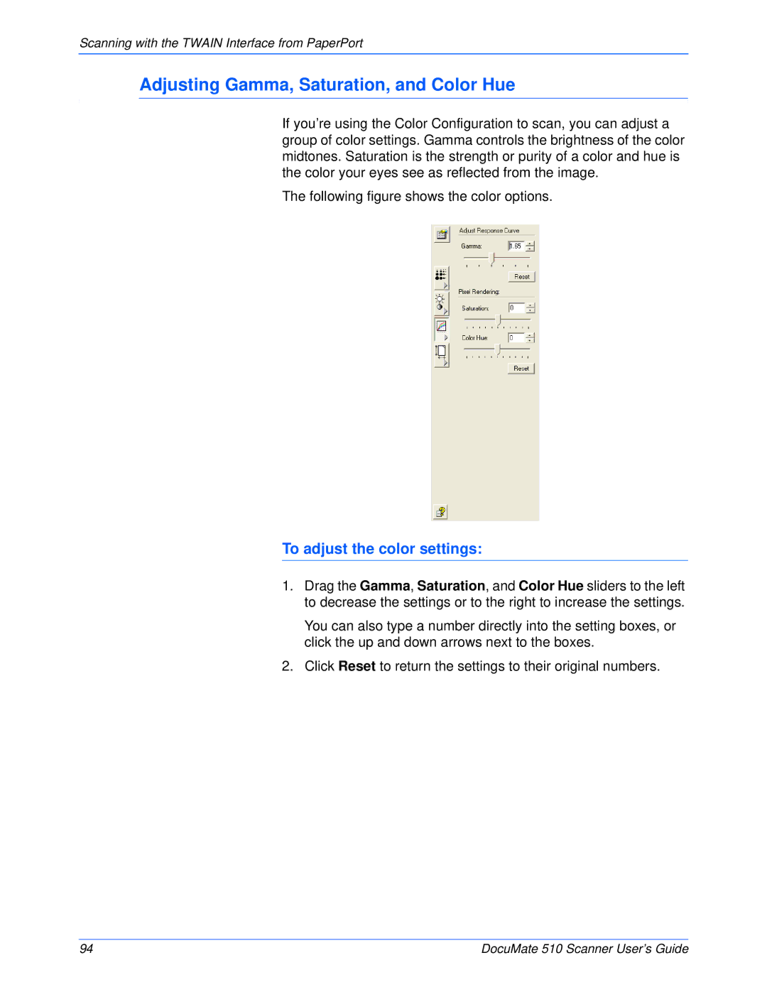 Xerox 510 manual Adjusting Gamma, Saturation, and Color Hue, To adjust the color settings 