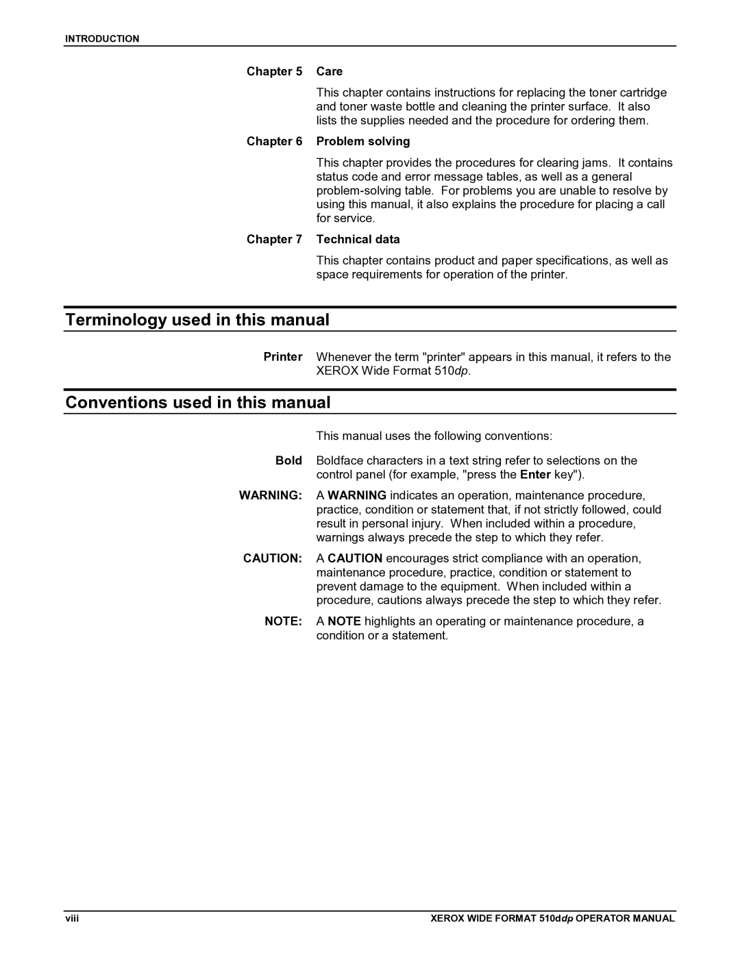 Xerox 510DP Terminology used in this manual, Conventions used in this manual, Care, Problem solving, Technical data 