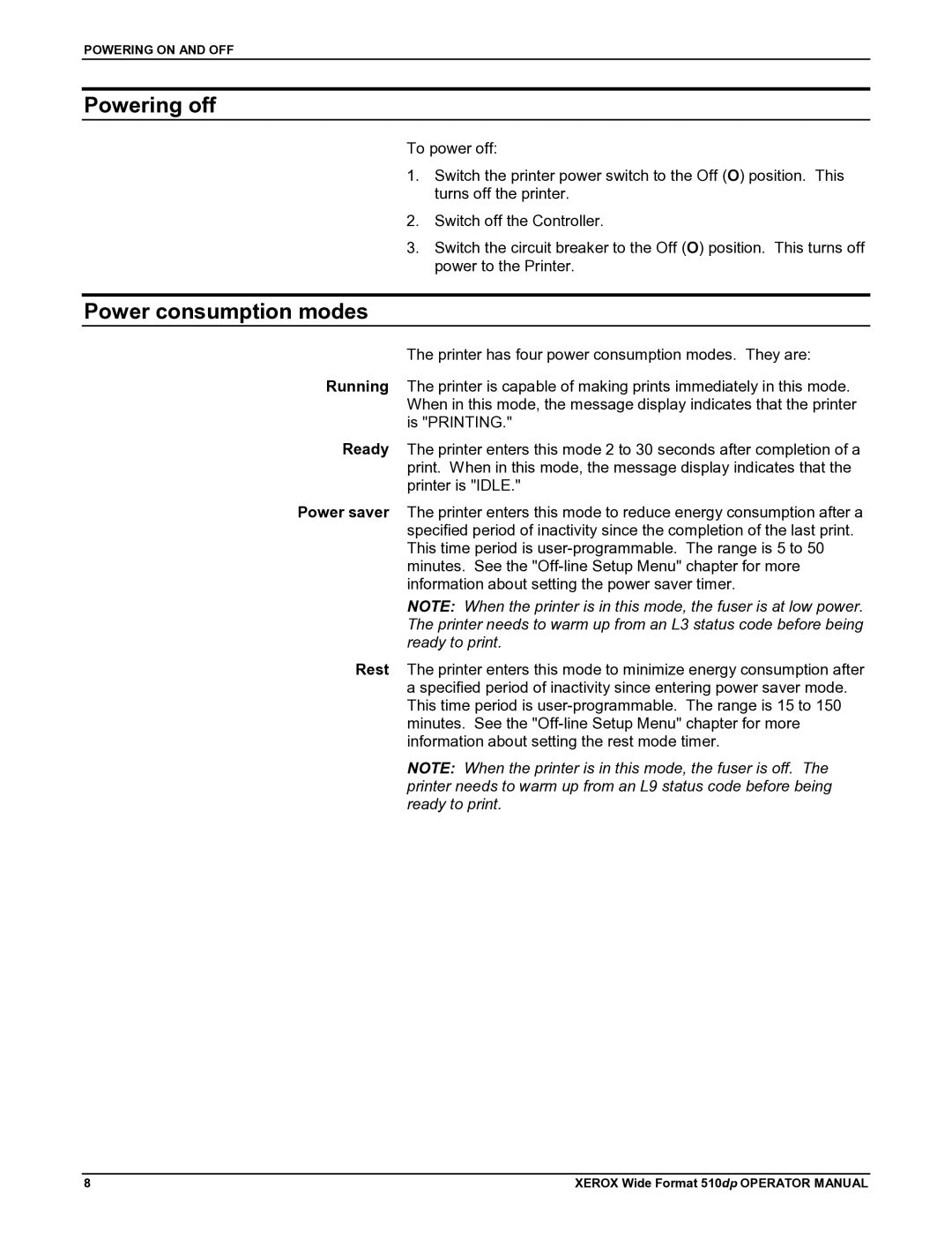 Xerox 510DP manual Powering off, Power consumption modes 