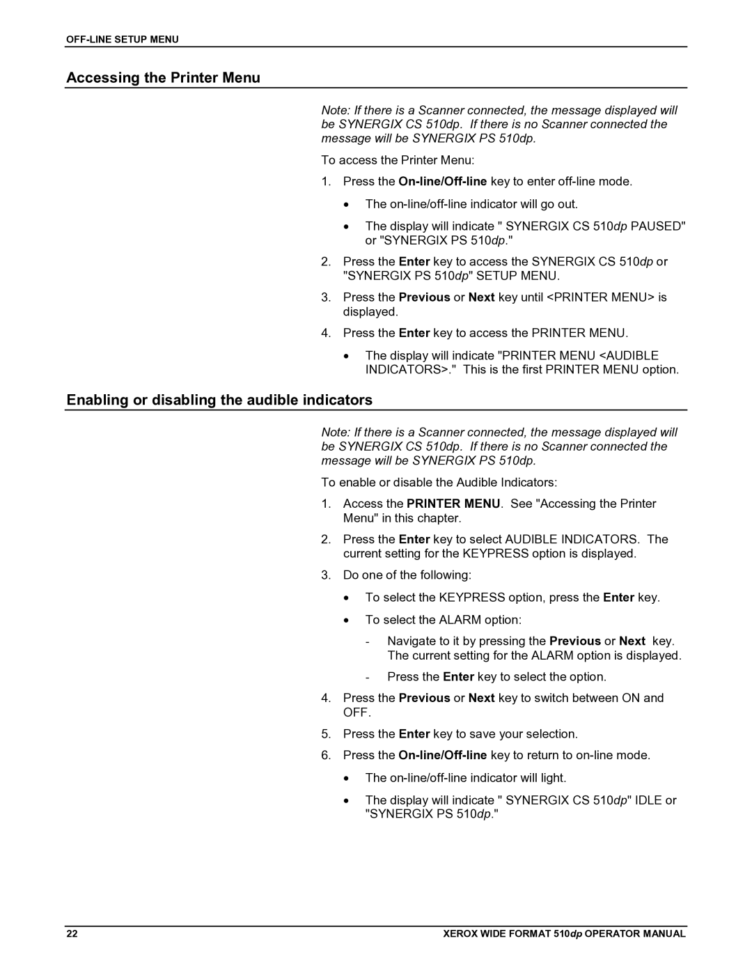 Xerox 510DP manual Accessing the Printer Menu, Enabling or disabling the audible indicators 