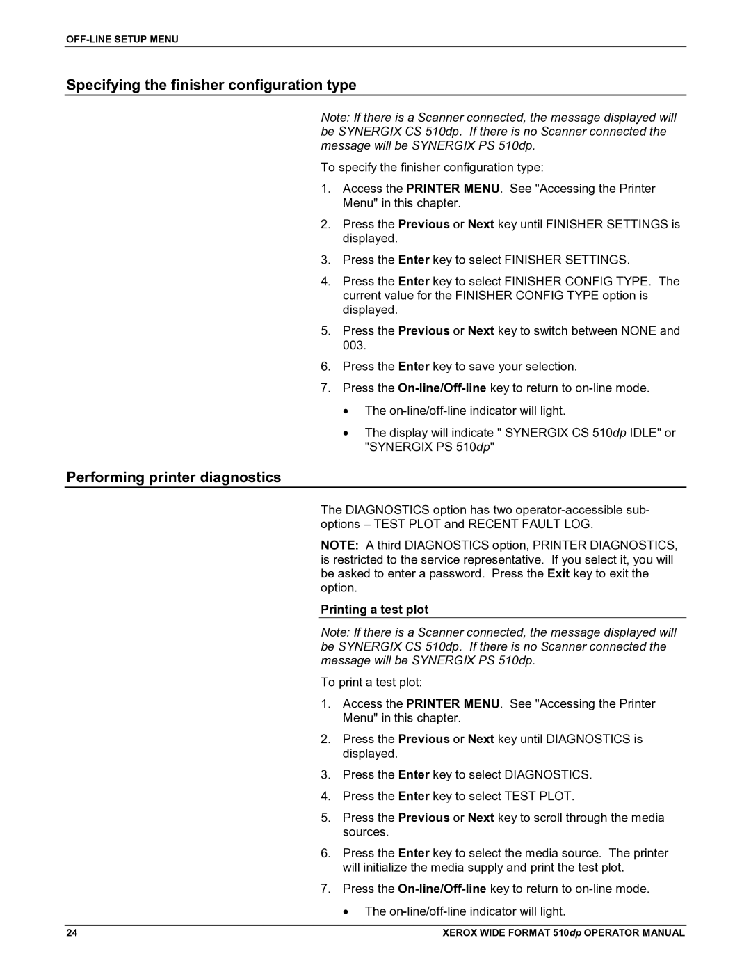 Xerox 510DP manual Specifying the finisher configuration type, Performing printer diagnostics, Printing a test plot 