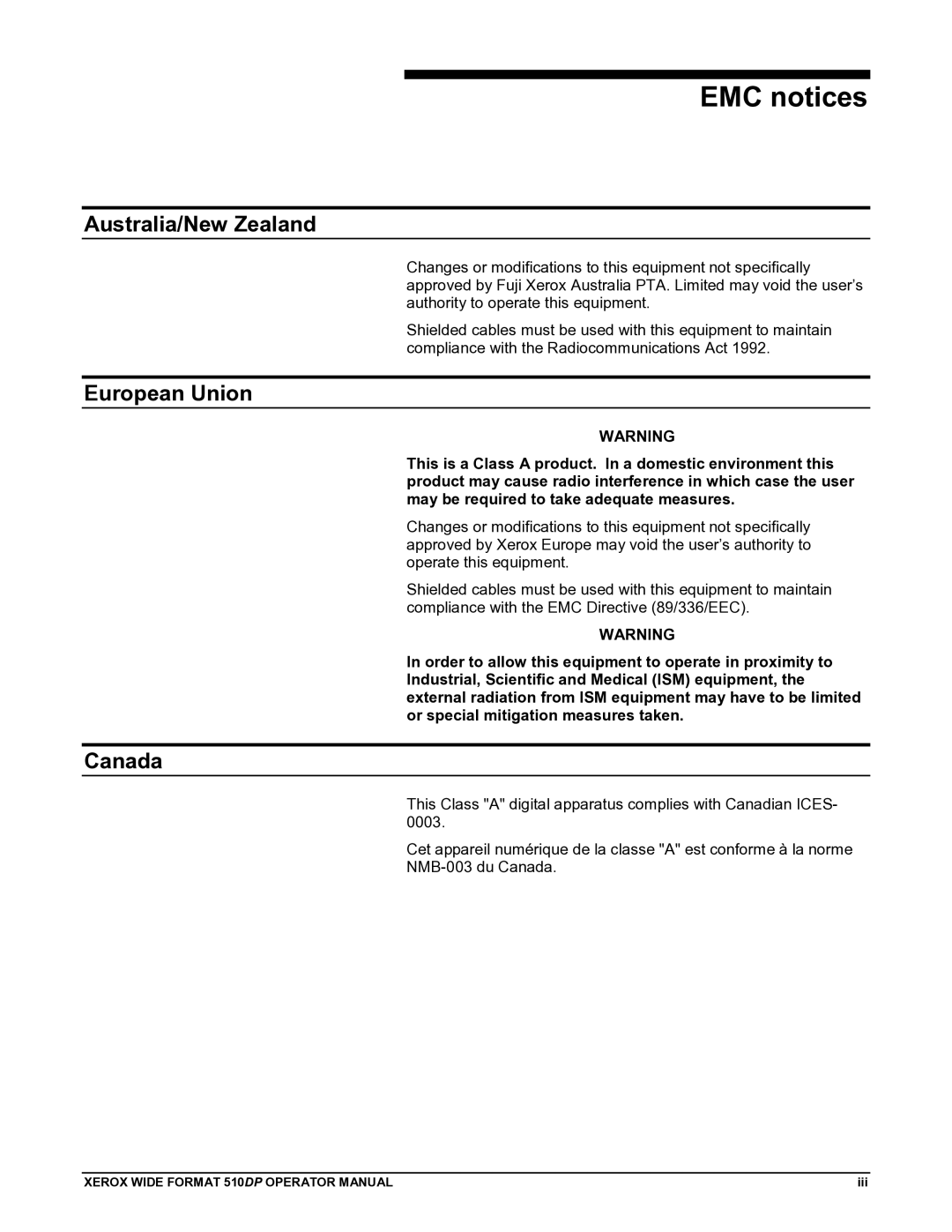 Xerox 510DP manual EMC notices, Australia/New Zealand, European Union, Canada 