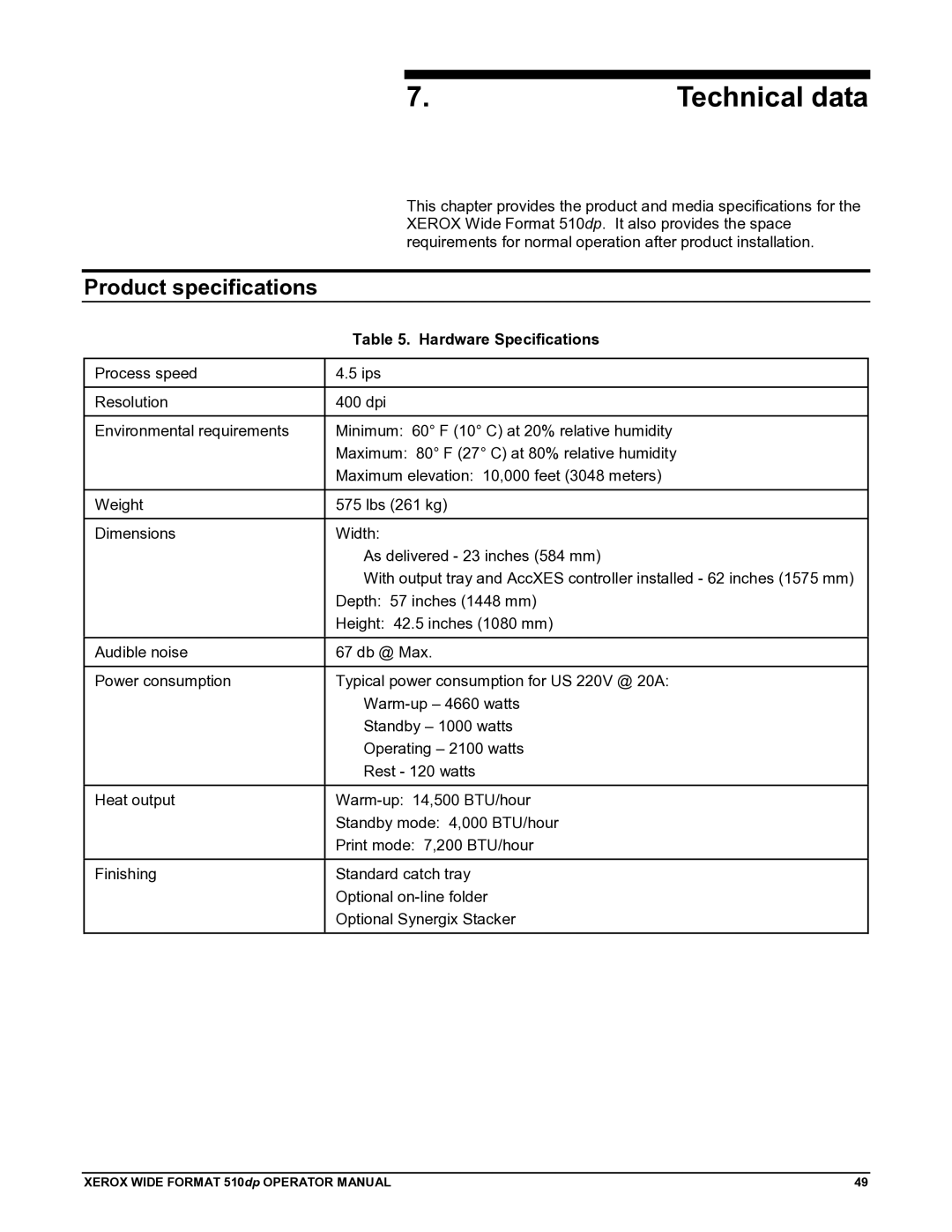 Xerox 510DP manual Product specifications, Hardware Specifications 