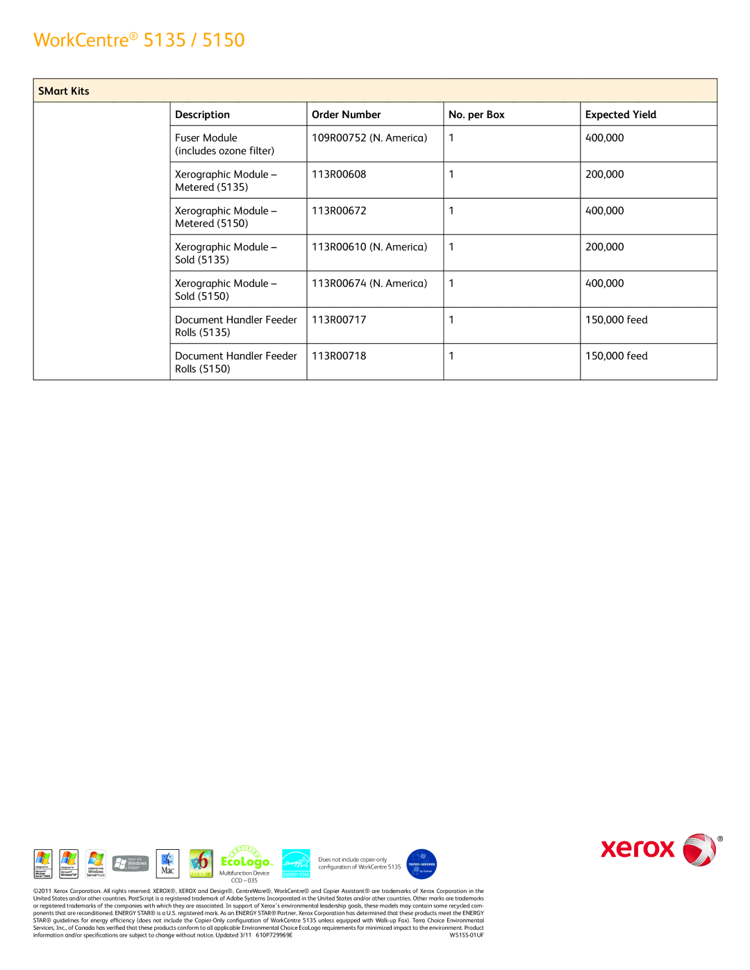 Xerox 5135, 5150 specifications 113R00717 150,000 feed Rolls, 113R00718 150,000 feed Rolls 