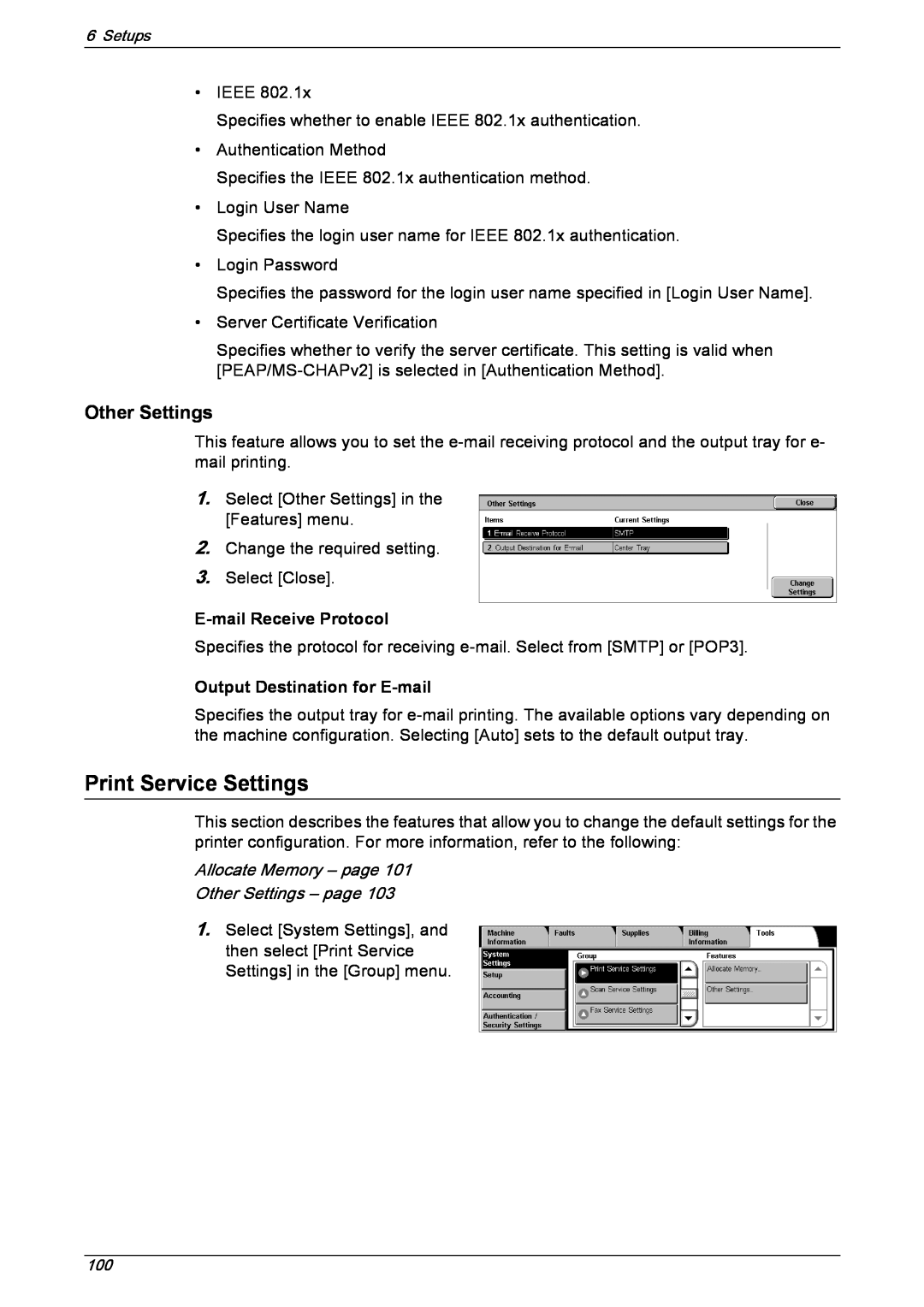 Xerox 5222 manual Print Service Settings, E-mailReceive Protocol, Output Destination for E-mail 