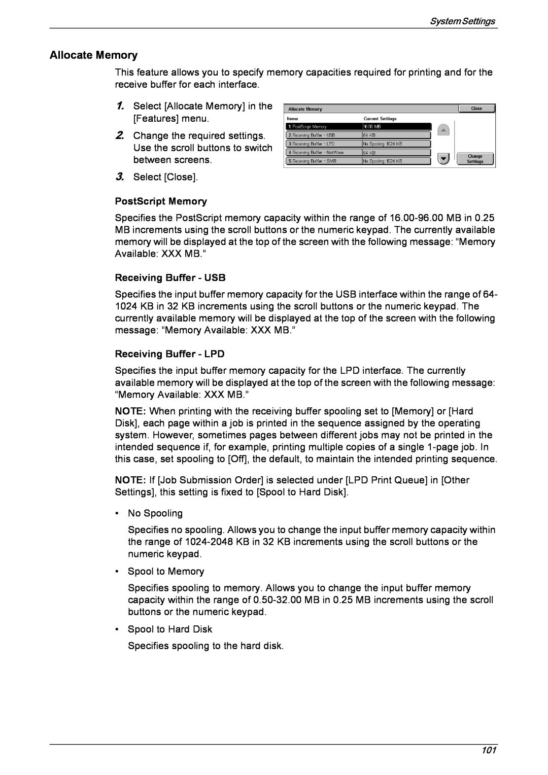 Xerox 5222 manual Allocate Memory, PostScript Memory, Receiving Buffer - USB, Receiving Buffer - LPD 