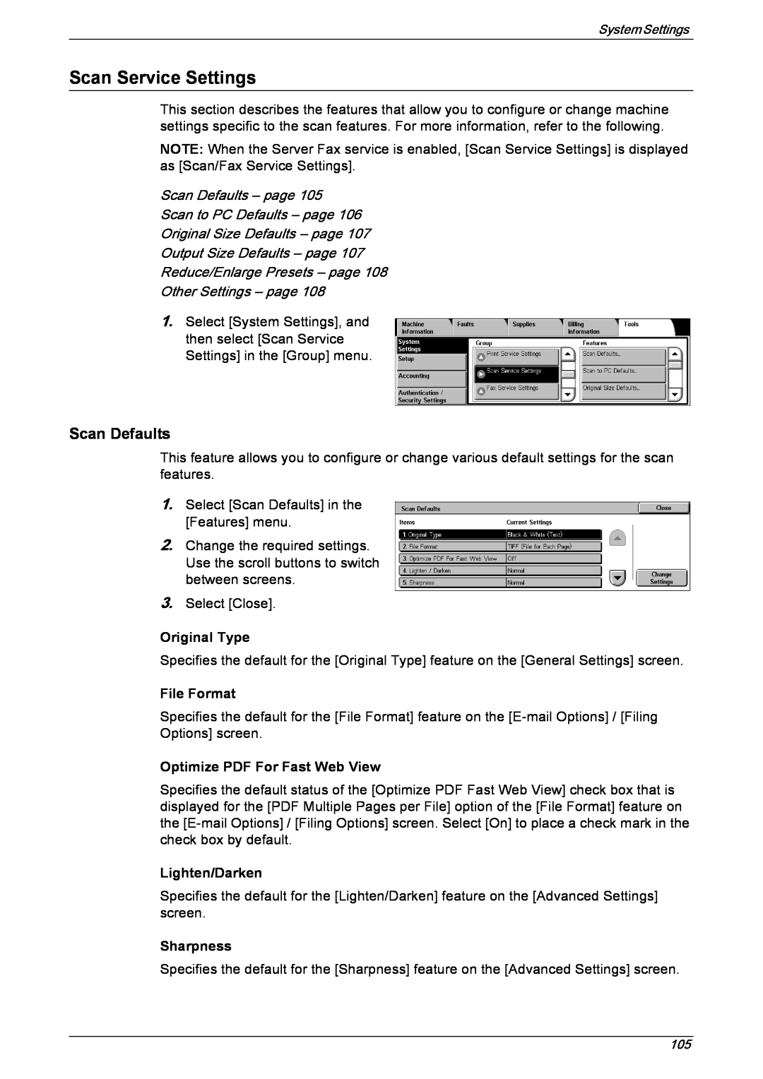 Xerox 5222 manual Scan Service Settings, Scan Defaults – page Scan to PC Defaults – page, Original Size Defaults – page 