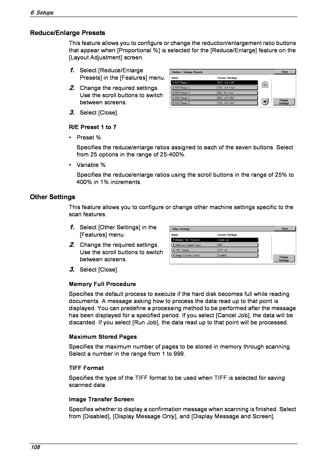 Xerox 5222 manual R/E Preset 1 to, Memory Full Procedure, Maximum Stored Pages, TIFF Format, Image Transfer Screen 