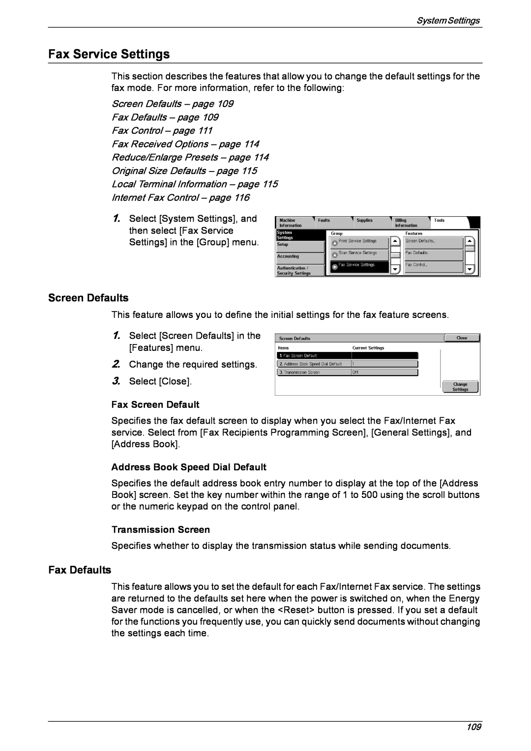 Xerox 5222 manual Fax Service Settings, Screen Defaults – page Fax Defaults – page, Reduce/Enlarge Presets – page 