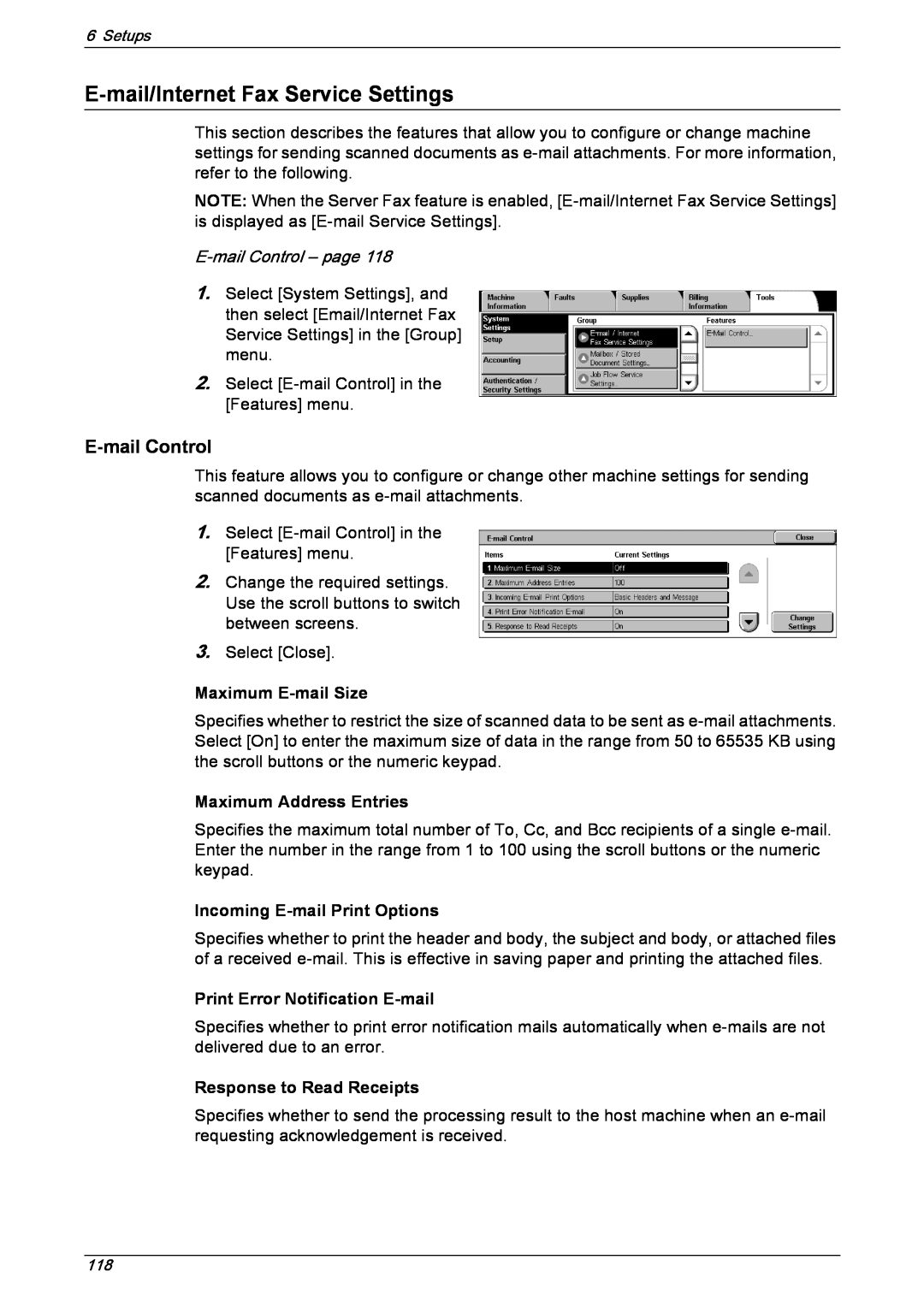 Xerox 5222 manual E-mail/InternetFax Service Settings, E-mailControl – page, Maximum E-mailSize, Maximum Address Entries 