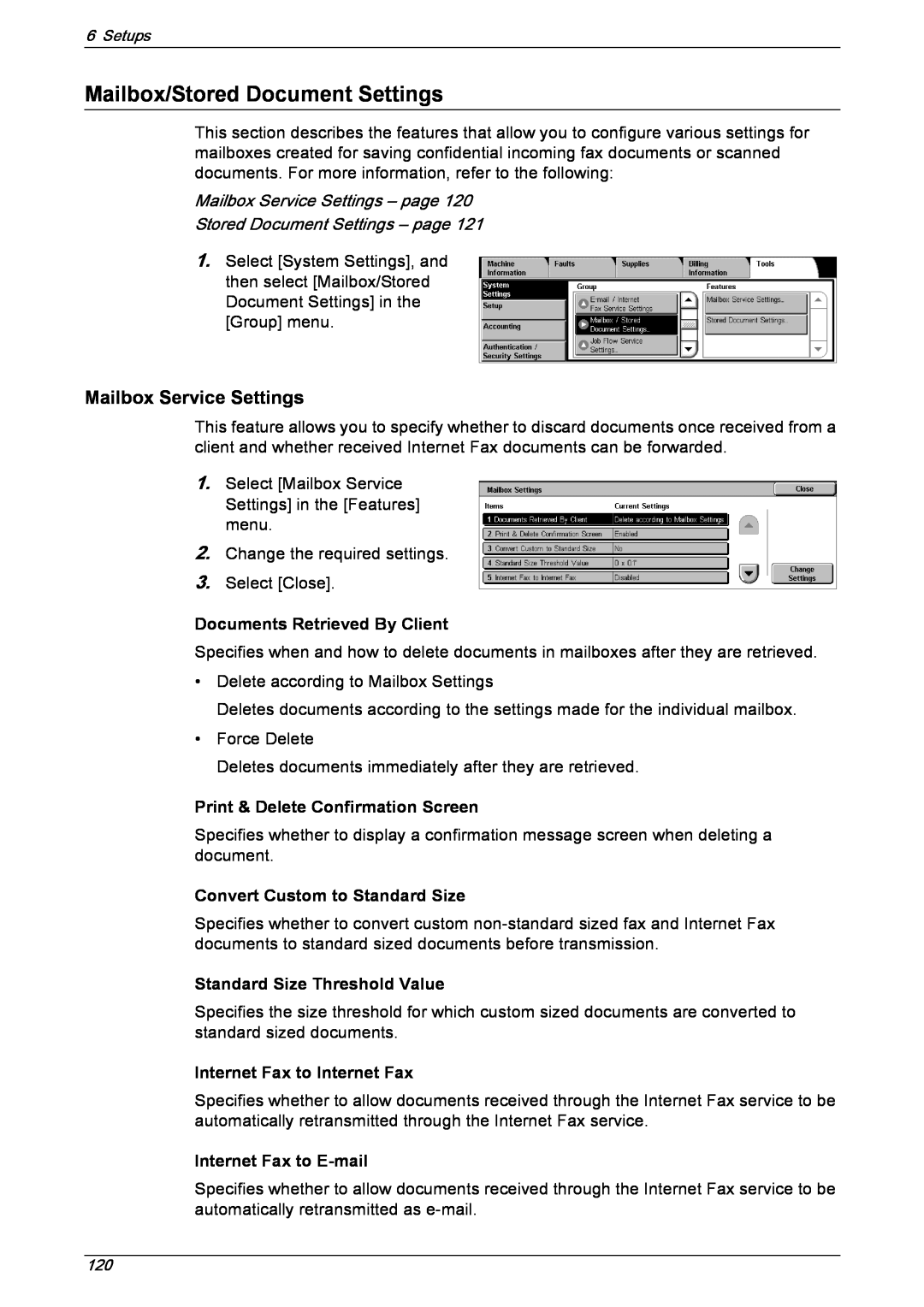 Xerox 5222 manual Mailbox/Stored Document Settings, Mailbox Service Settings – page, Stored Document Settings – page 