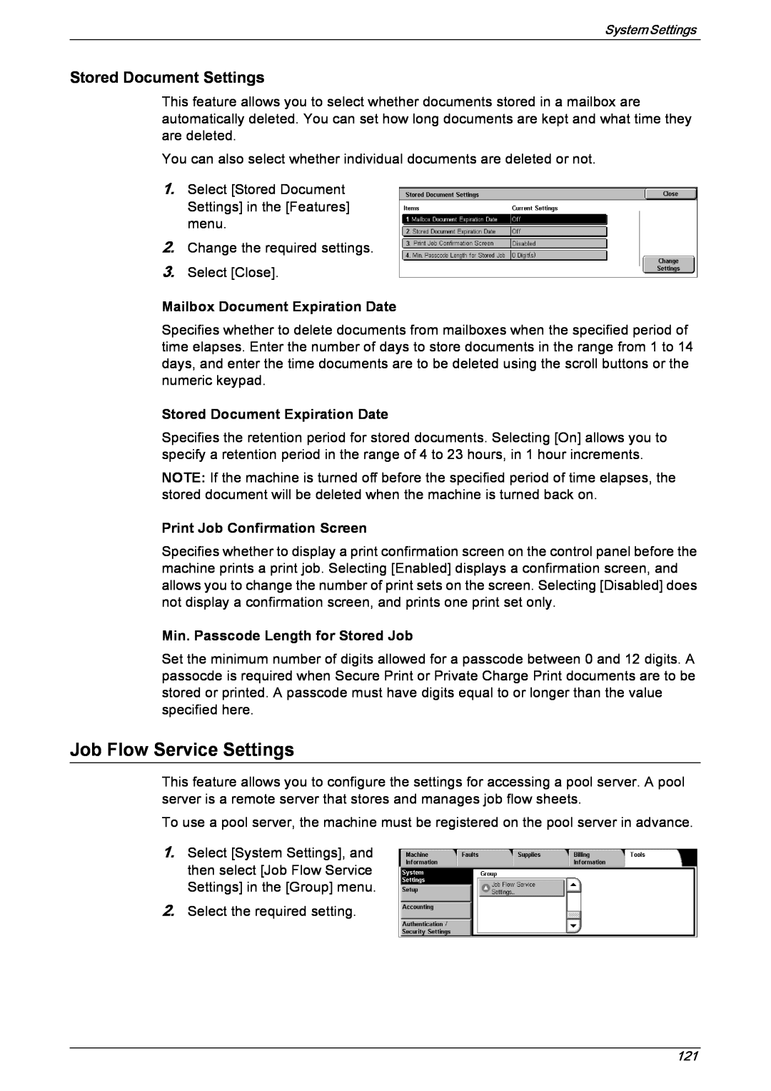 Xerox 5222 manual Job Flow Service Settings, Mailbox Document Expiration Date, Stored Document Expiration Date 