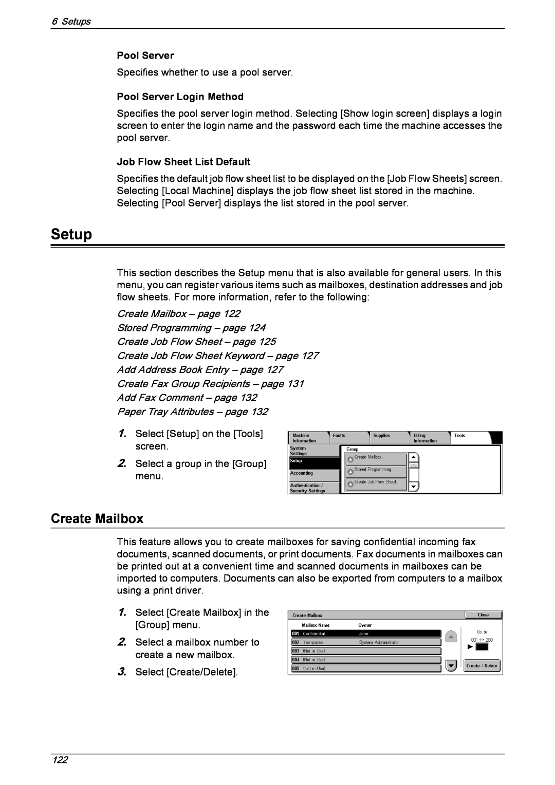 Xerox 5222 Setup, Create Mailbox, Pool Server Login Method, Job Flow Sheet List Default, Create Job Flow Sheet – page 
