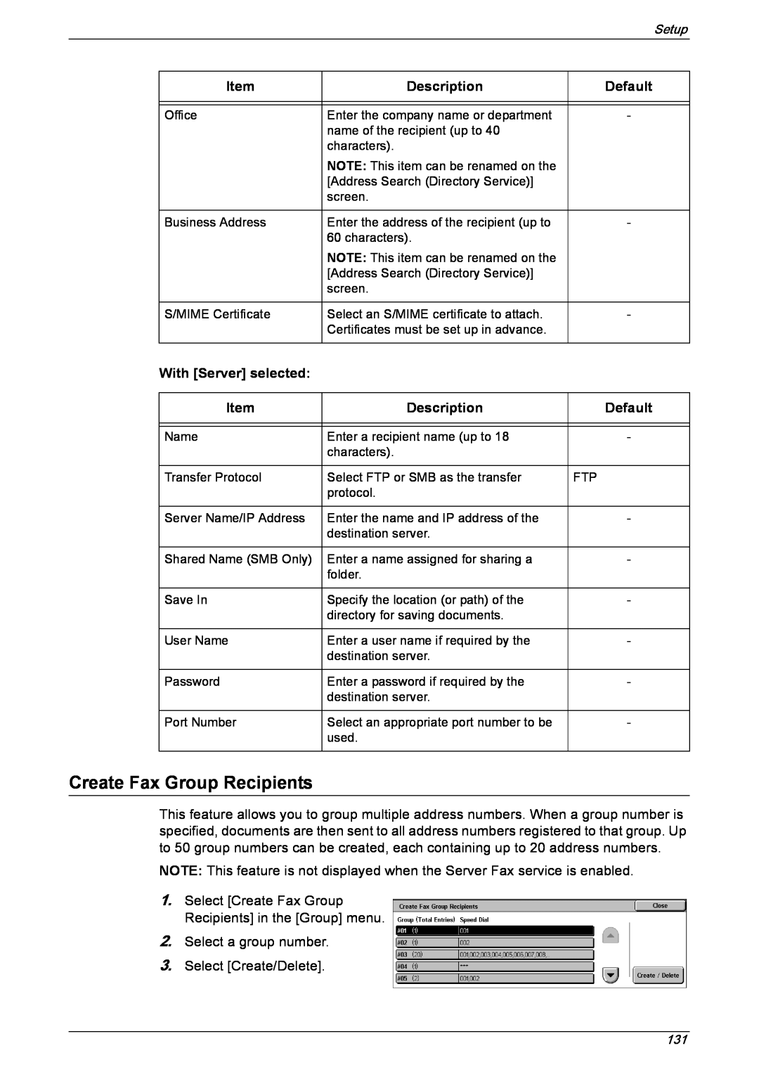 Xerox 5222 manual Create Fax Group Recipients, Item, Description, Default, With Server selected 