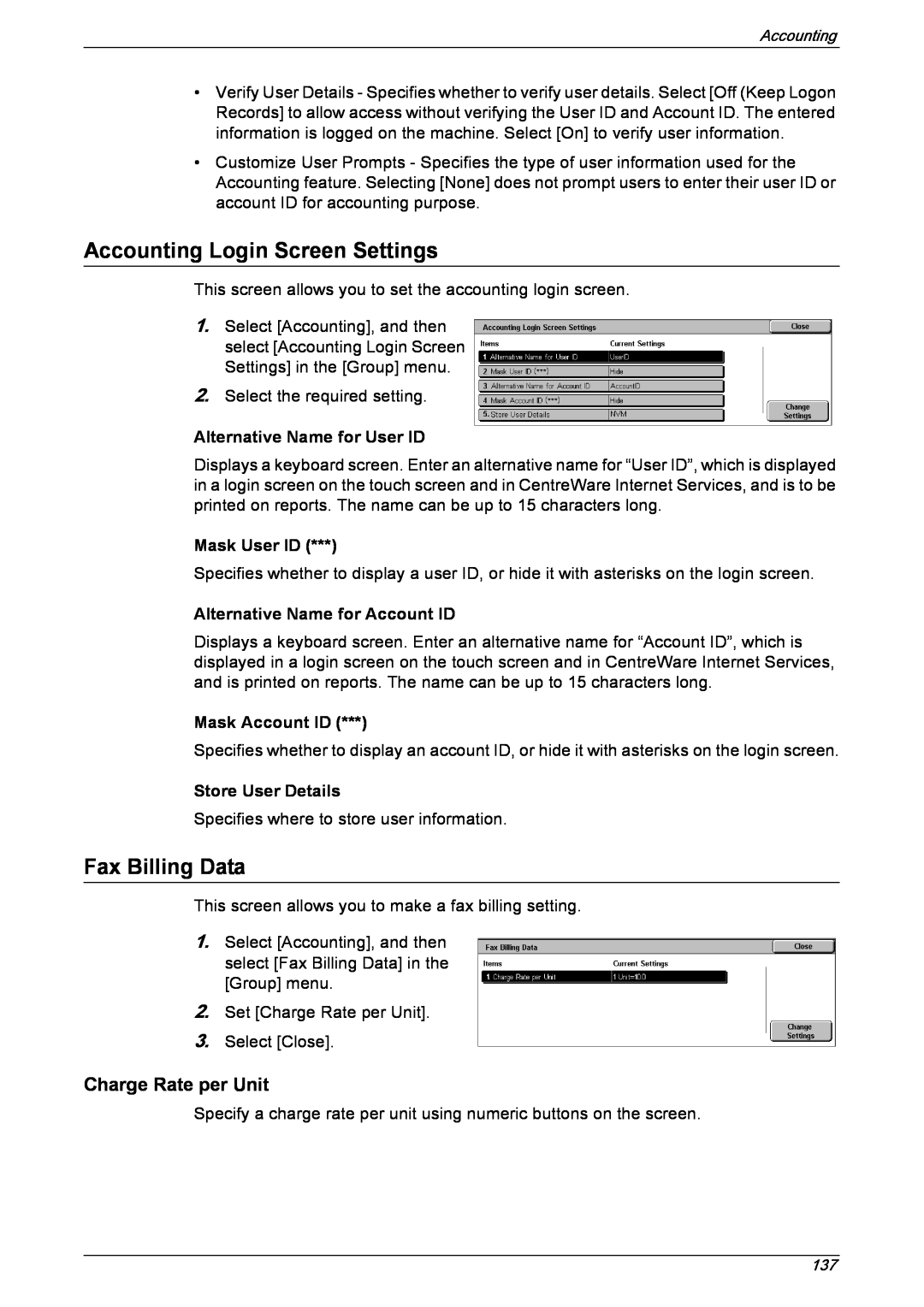 Xerox 5222 Accounting Login Screen Settings, Fax Billing Data, Alternative Name for User ID, Mask User ID, Mask Account ID 