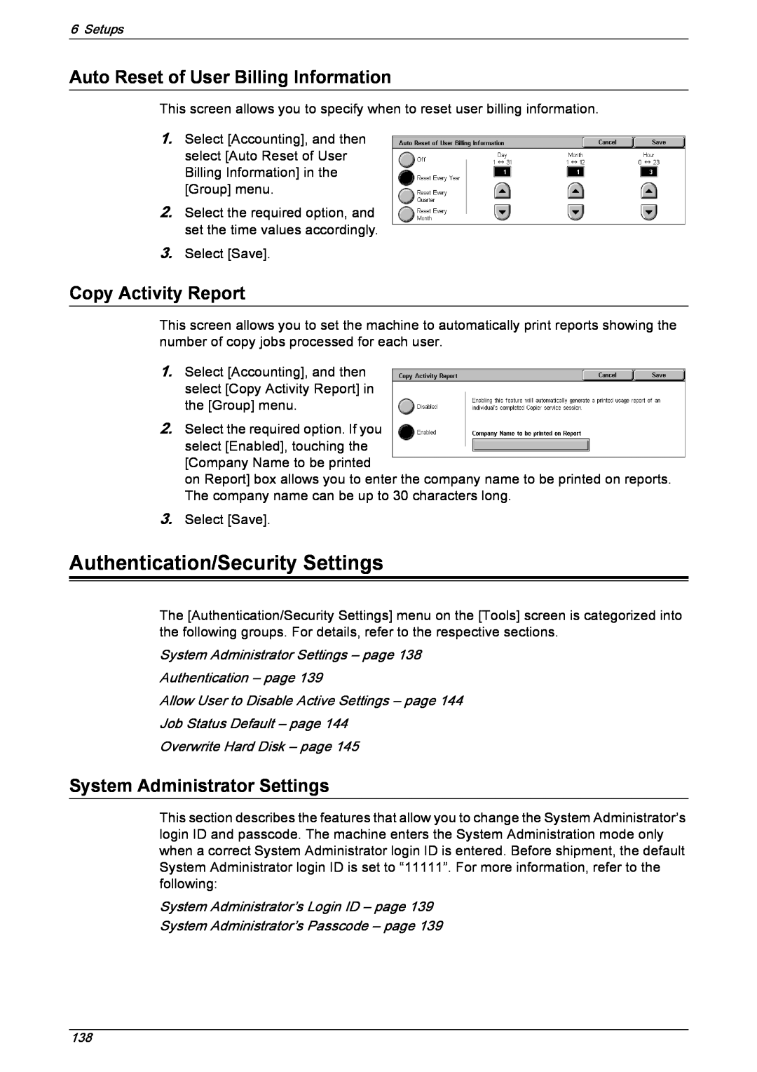 Xerox 5222 manual Authentication/Security Settings, Auto Reset of User Billing Information, Copy Activity Report 