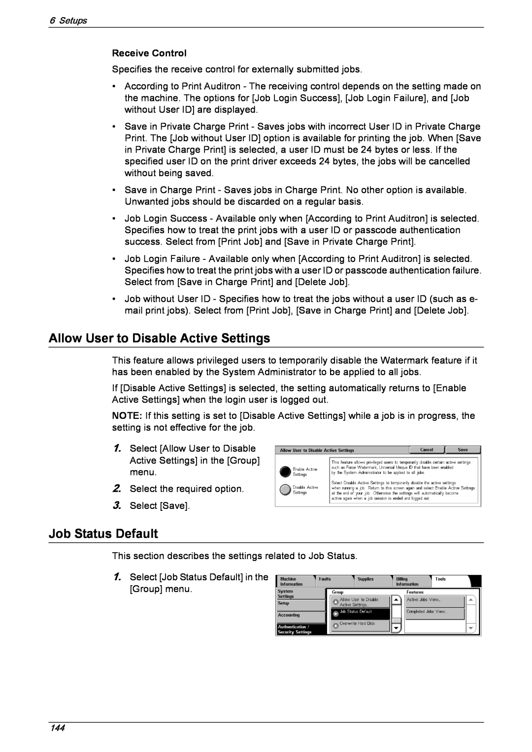 Xerox 5222 manual Allow User to Disable Active Settings, Job Status Default, Receive Control 