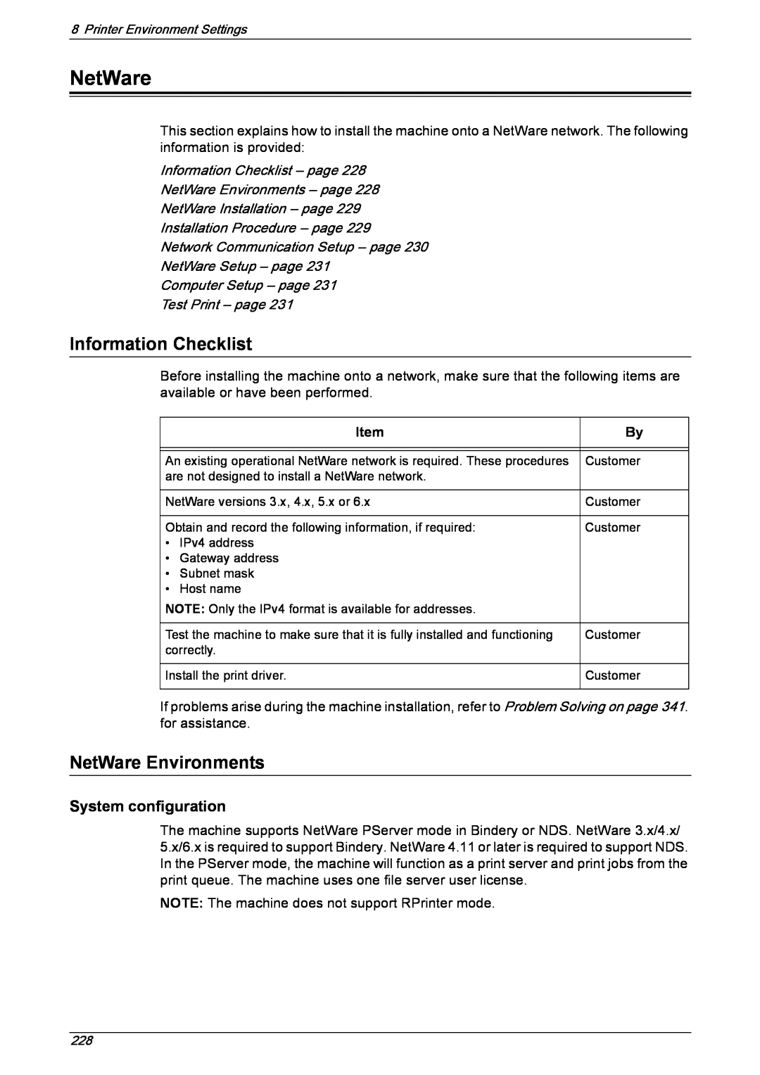 Xerox 5222 manual Information Checklist – page, NetWare Environments – page, NetWare Installation – page, Item 