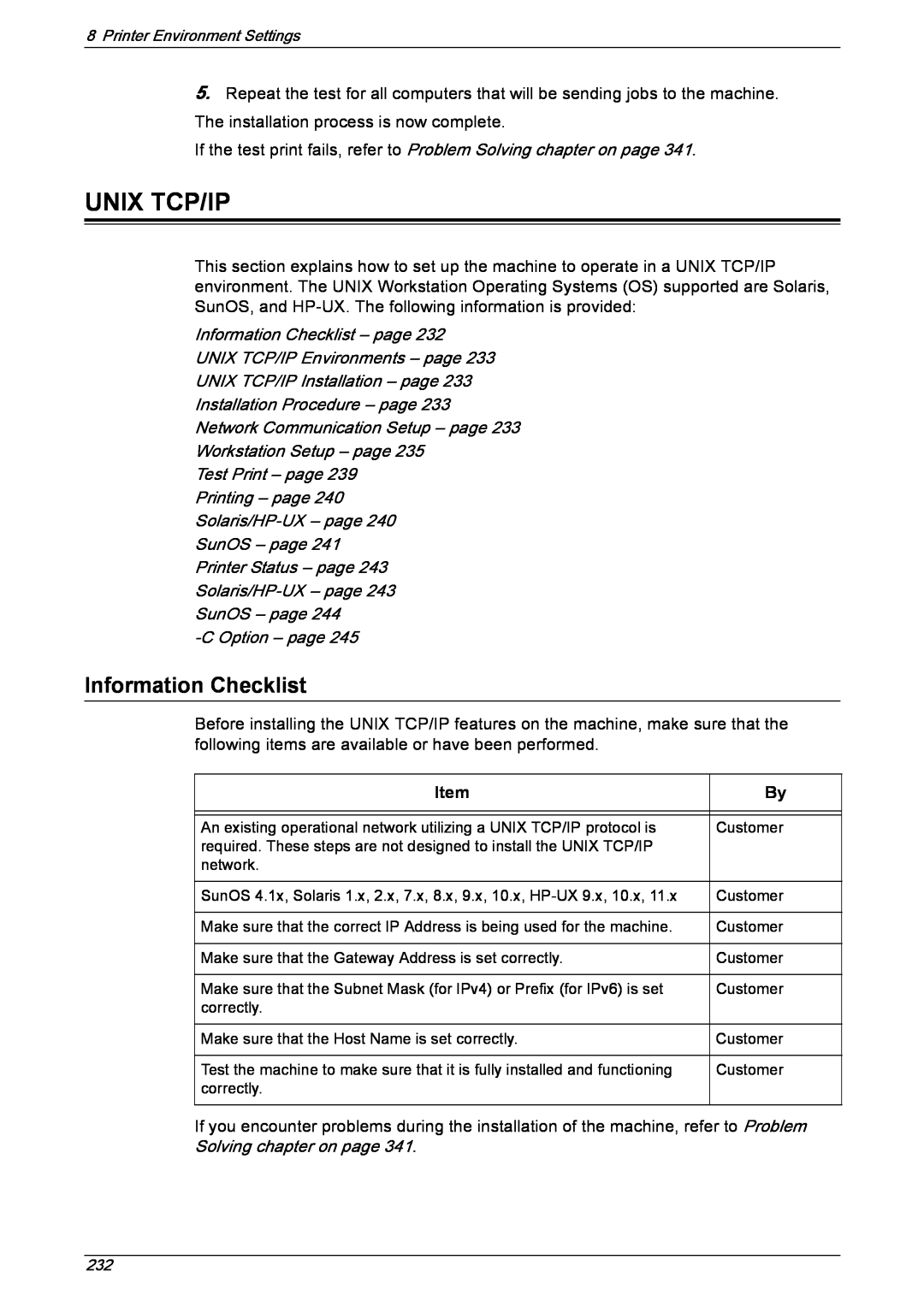 Xerox 5222 manual Unix Tcp/Ip, Information Checklist – page, COption – page, Item 