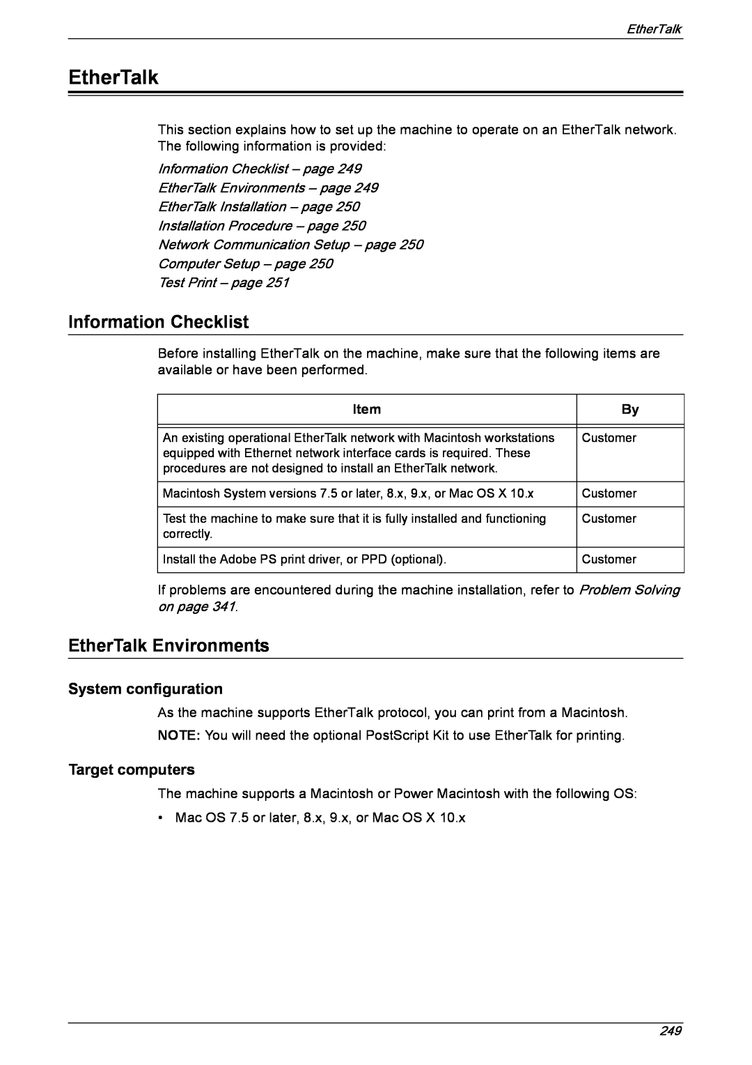 Xerox 5222 Information Checklist – page, EtherTalk Environments – page, EtherTalk Installation – page, Item 