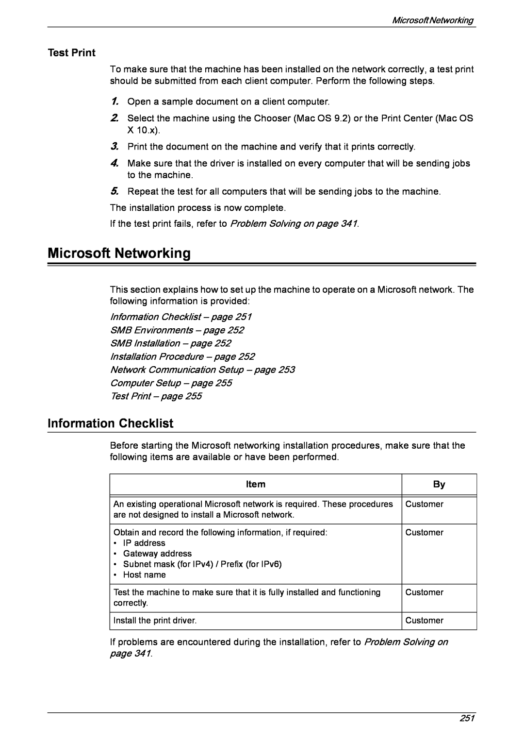Xerox 5222 Microsoft Networking, Information Checklist – page, SMB Environments – page SMB Installation – page, Item 