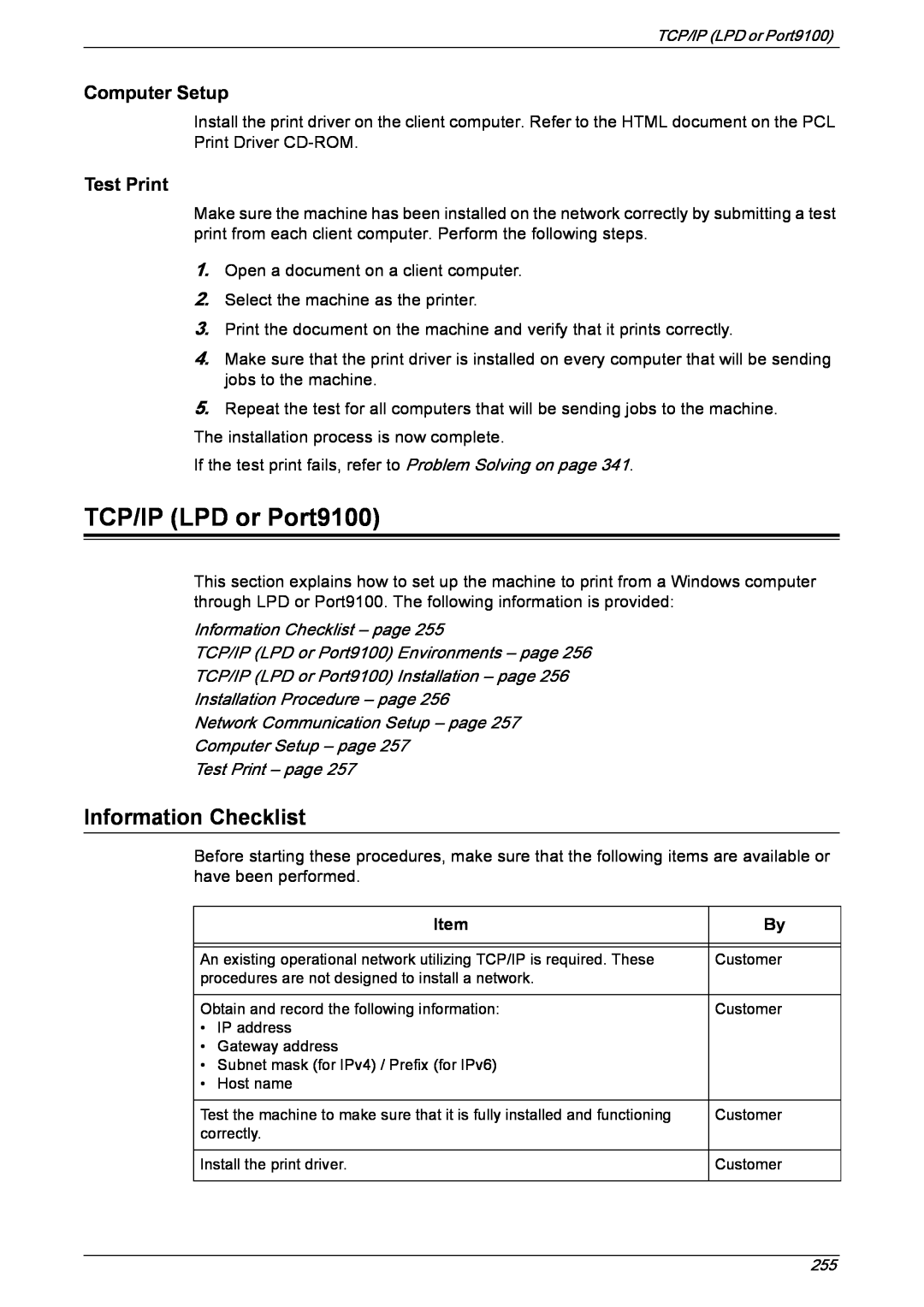 Xerox 5222 Information Checklist – page, TCP/IP LPD or Port9100 Environments – page, Installation Procedure – page 