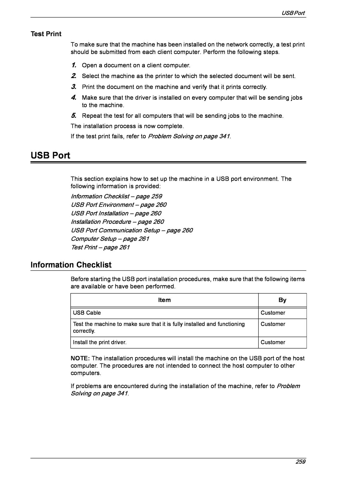 Xerox 5222 manual Information Checklist – page, USB Port Environment – page, USB Port Installation – page, Item 