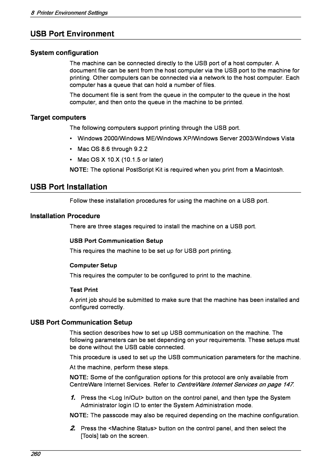 Xerox 5222 manual USB Port Environment, USB Port Installation, USB Port Communication Setup, Computer Setup, Test Print 