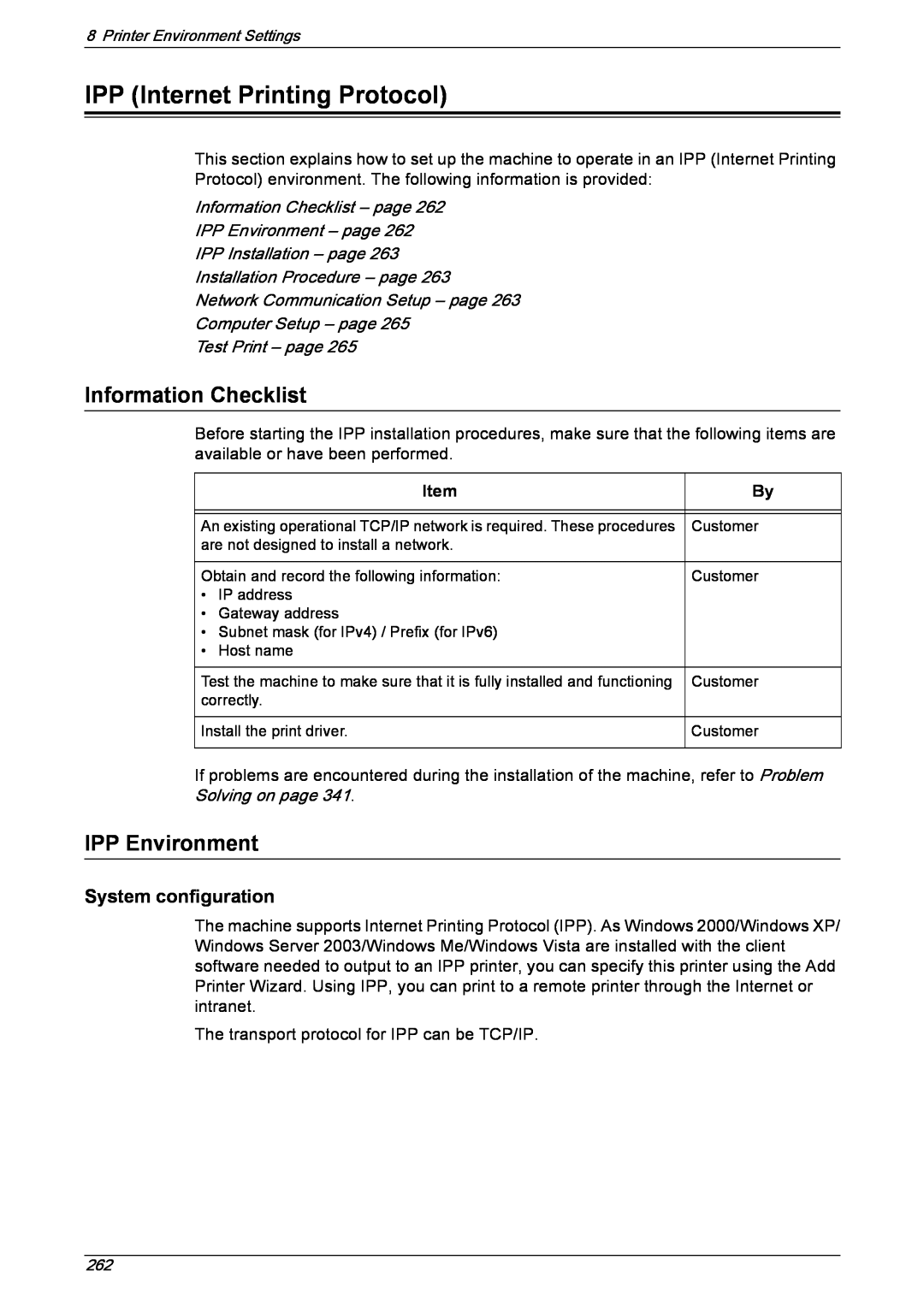Xerox 5222 manual IPP Internet Printing Protocol, IPP Environment, Information Checklist – page, Item 
