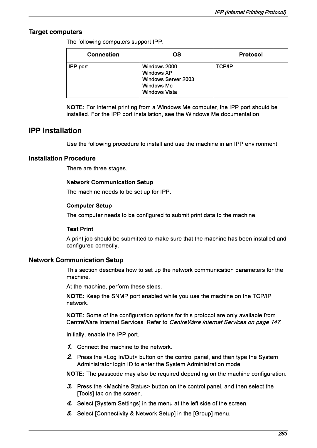 Xerox 5222 manual IPP Installation, Connection, Protocol, Network Communication Setup, Computer Setup, Test Print 