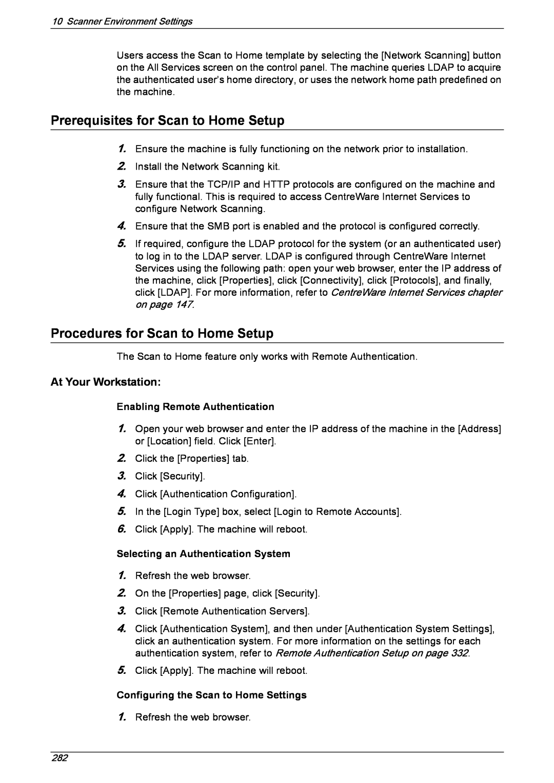 Xerox 5222 manual Prerequisites for Scan to Home Setup, Procedures for Scan to Home Setup, Enabling Remote Authentication 