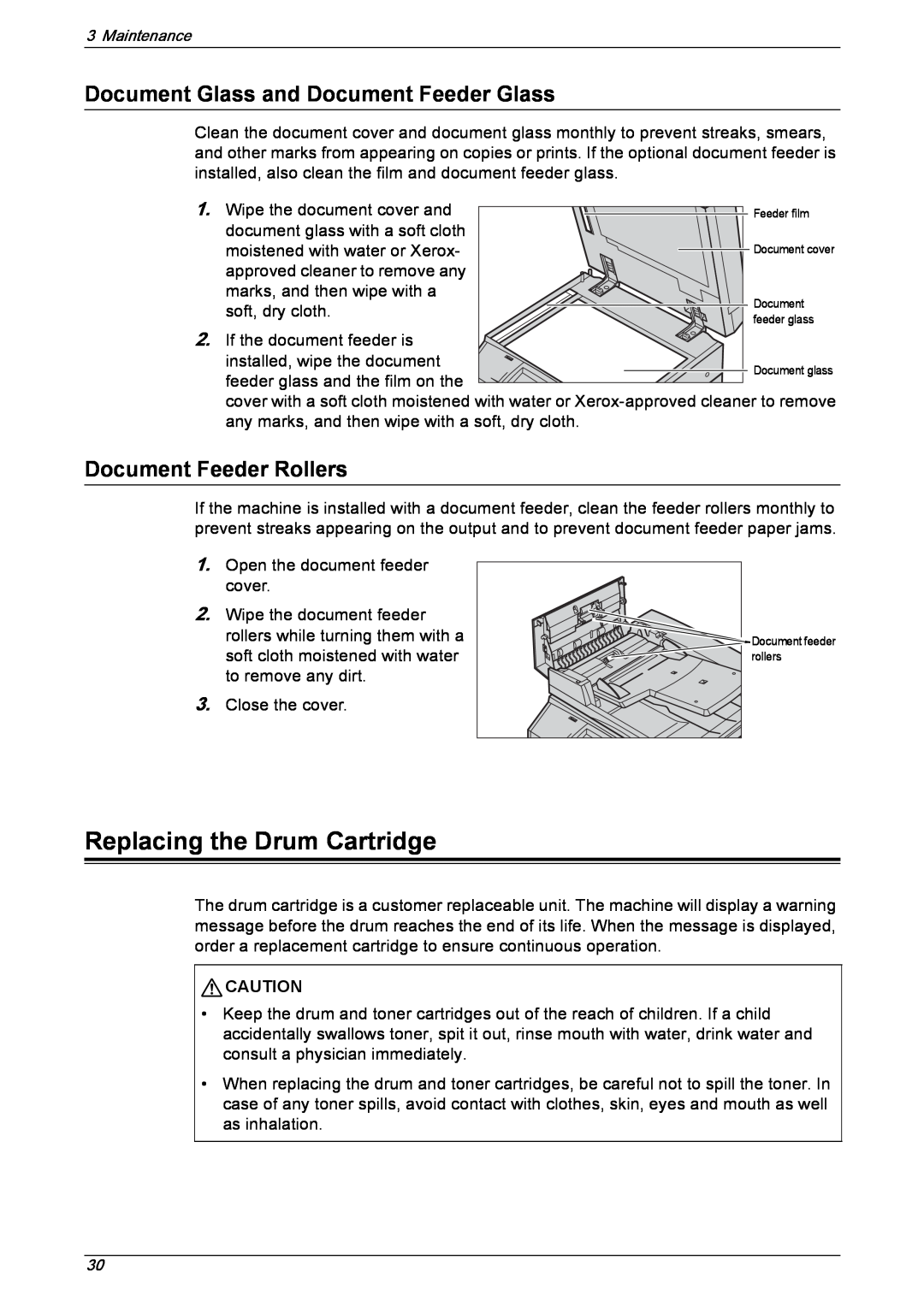 Xerox 5222 manual Replacing the Drum Cartridge, Document Glass and Document Feeder Glass, Document Feeder Rollers 