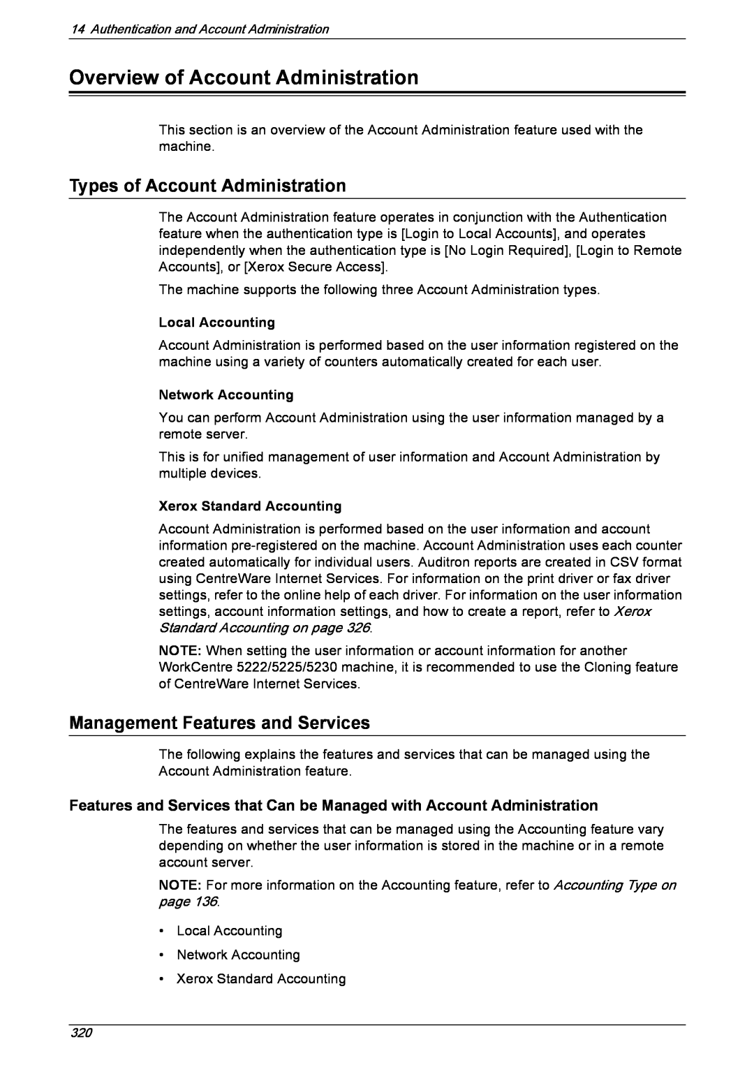 Xerox 5222 manual Overview of Account Administration, Types of Account Administration, Management Features and Services 