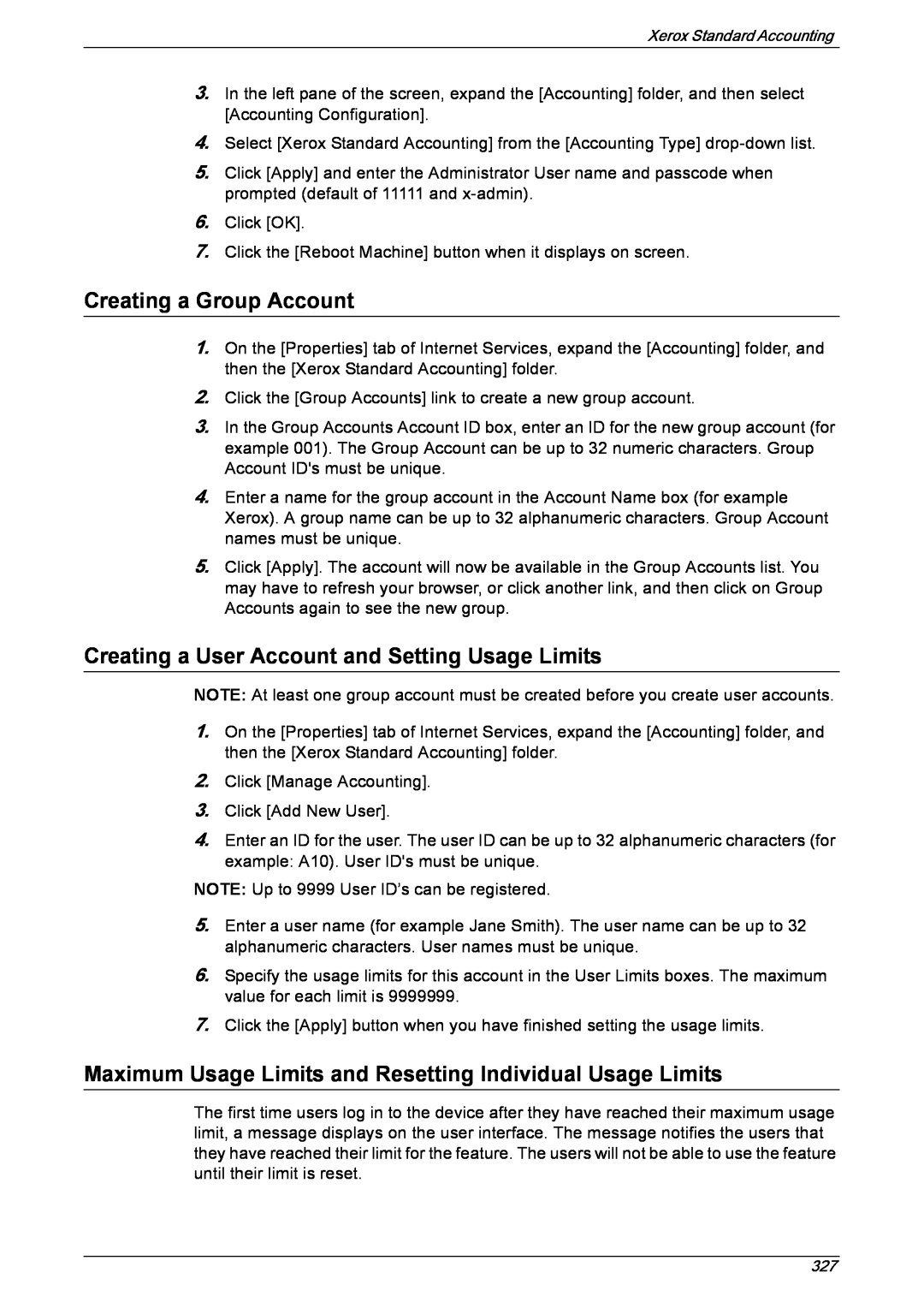 Xerox 5222 manual Creating a Group Account, Creating a User Account and Setting Usage Limits 