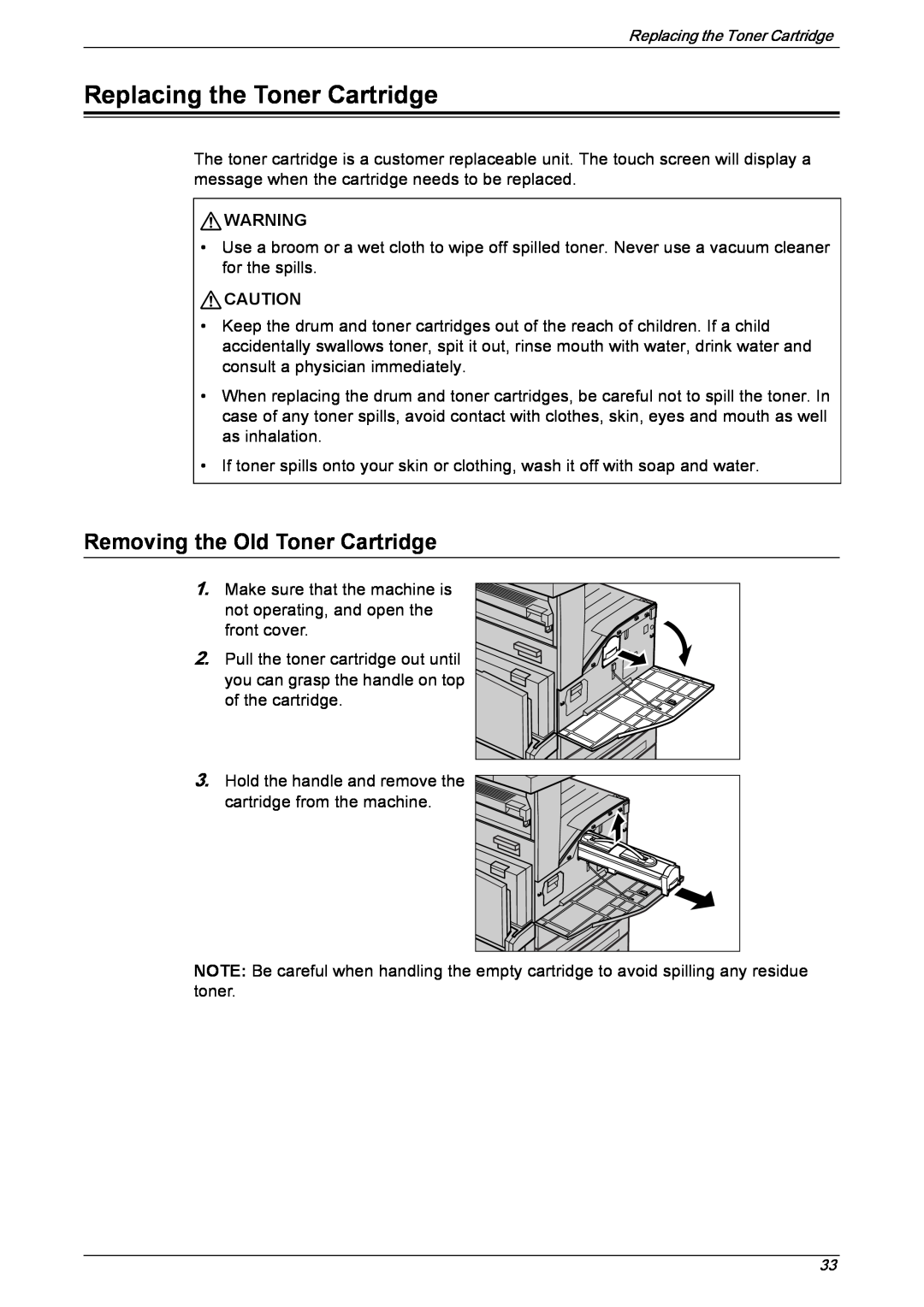 Xerox 5222 manual Replacing the Toner Cartridge, Removing the Old Toner Cartridge 