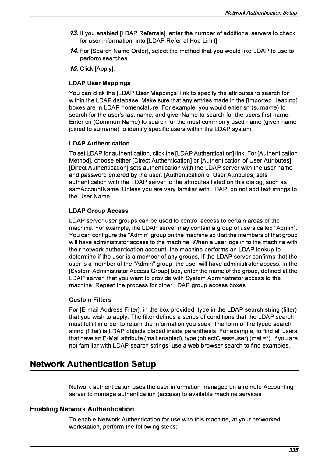 Xerox 5222 manual Network Authentication Setup, LDAP User Mappings, LDAP Authentication, LDAP Group Access, Custom Filters 
