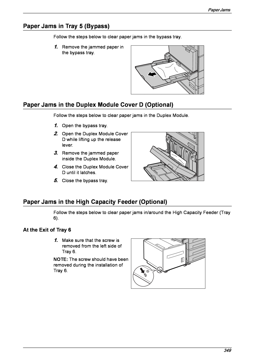 Xerox 5222 manual Paper Jams in Tray 5 Bypass, Paper Jams in the Duplex Module Cover D Optional, At the Exit of Tray 