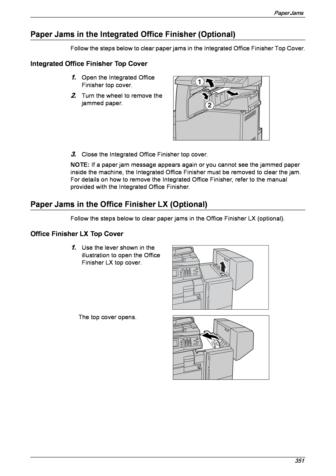 Xerox 5222 manual Paper Jams in the Office Finisher LX Optional, Integrated Office Finisher Top Cover 