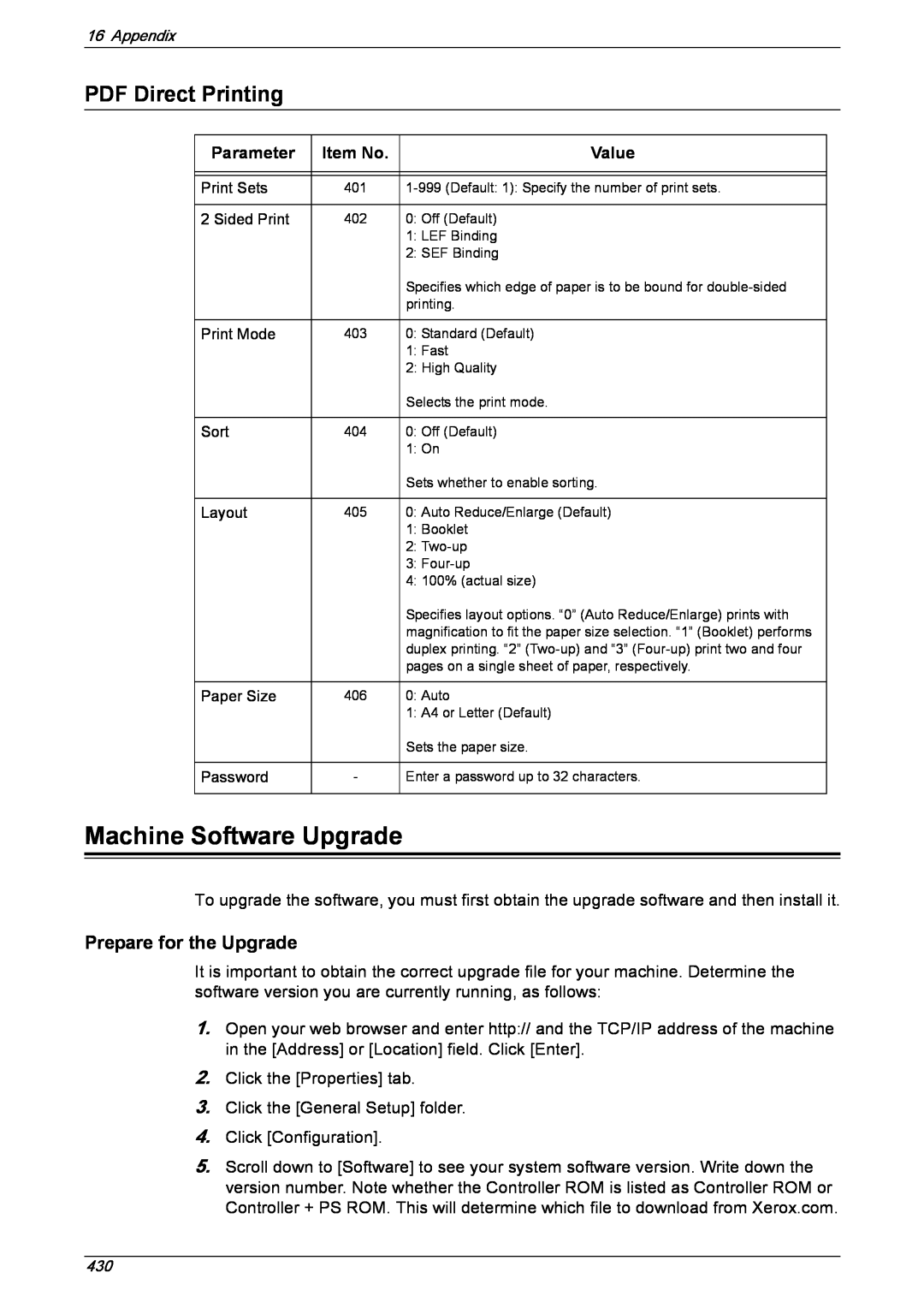 Xerox 5222 manual Machine Software Upgrade, PDF Direct Printing, Parameter, Item No, Value 