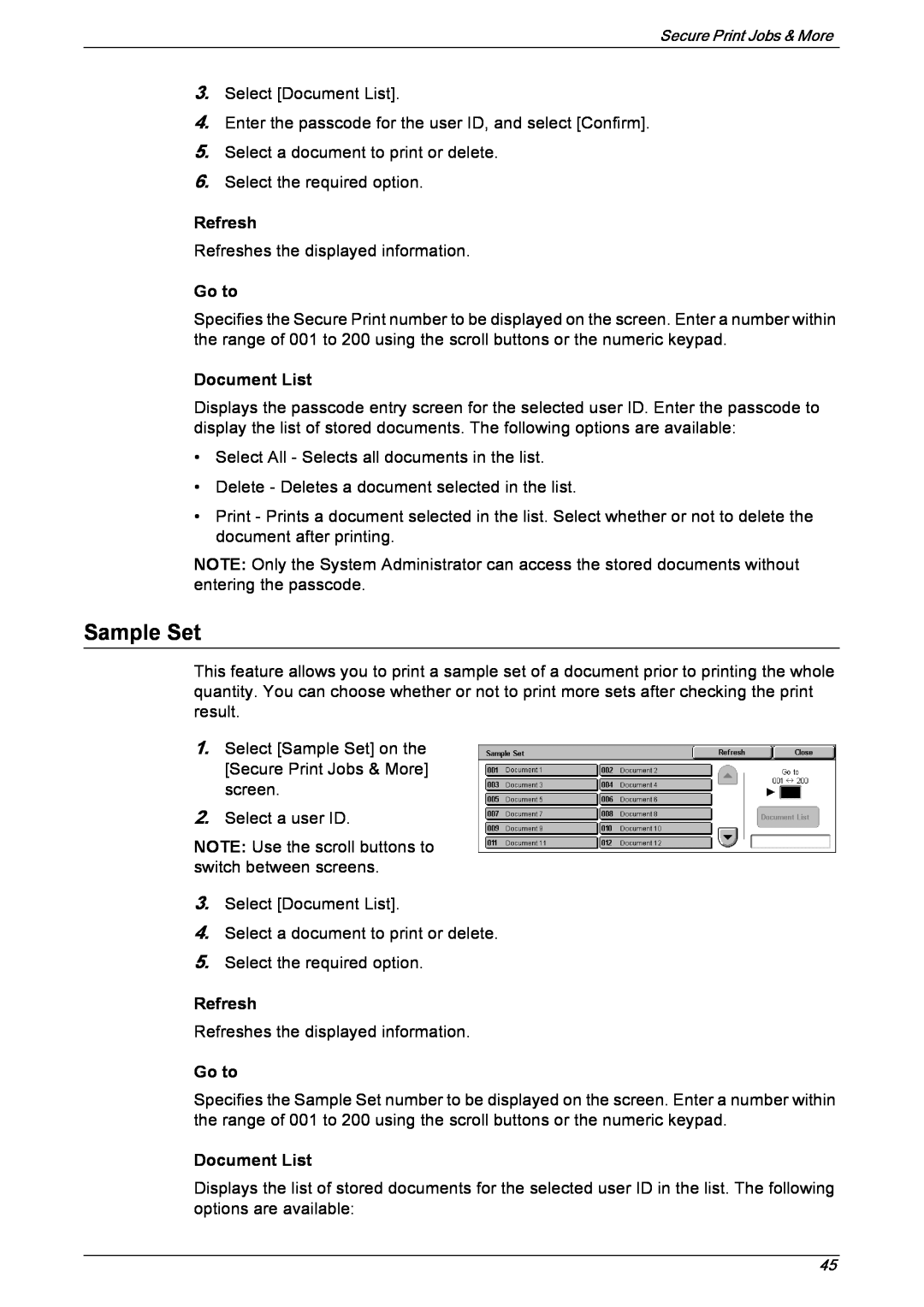 Xerox 5222 manual Sample Set, Refresh, Go to, Document List 