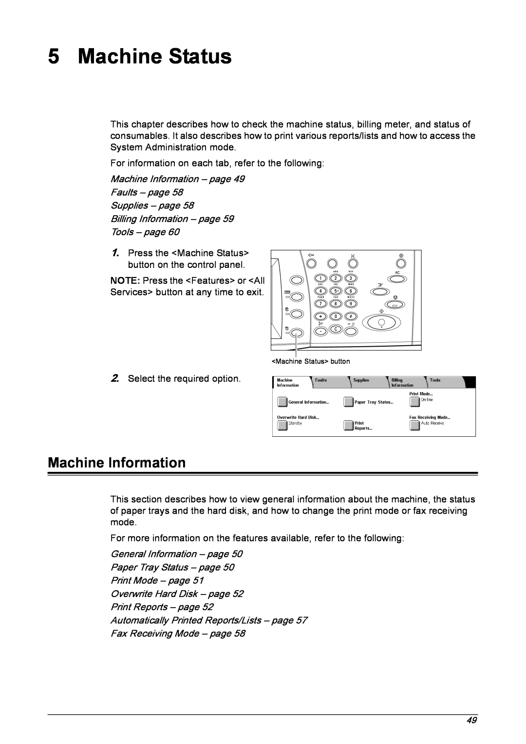 Xerox 5222 manual Machine Status, Machine Information – page Faults – page, Supplies – page Billing Information – page 
