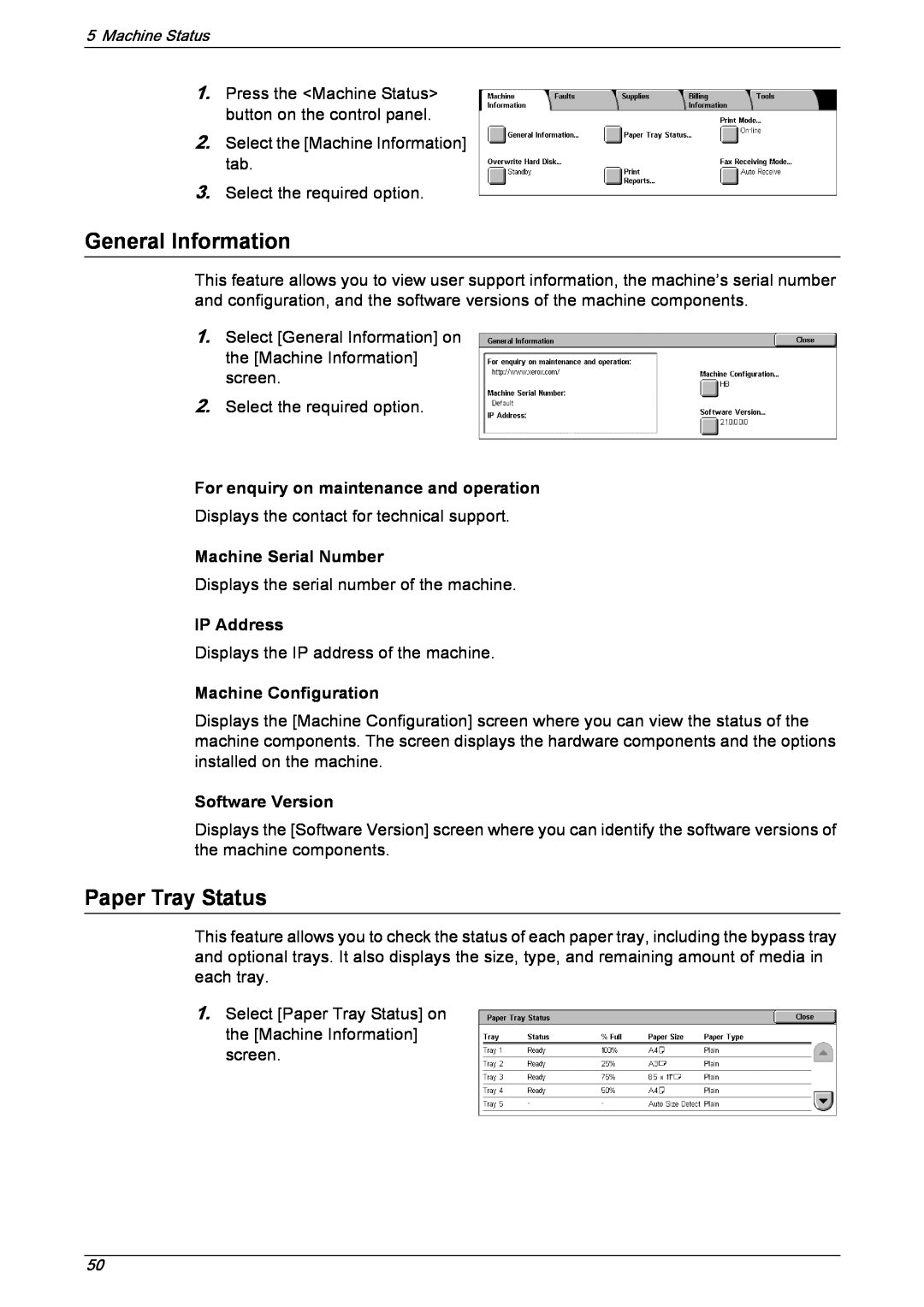 Xerox 5222 manual General Information, Paper Tray Status, For enquiry on maintenance and operation, Machine Serial Number 