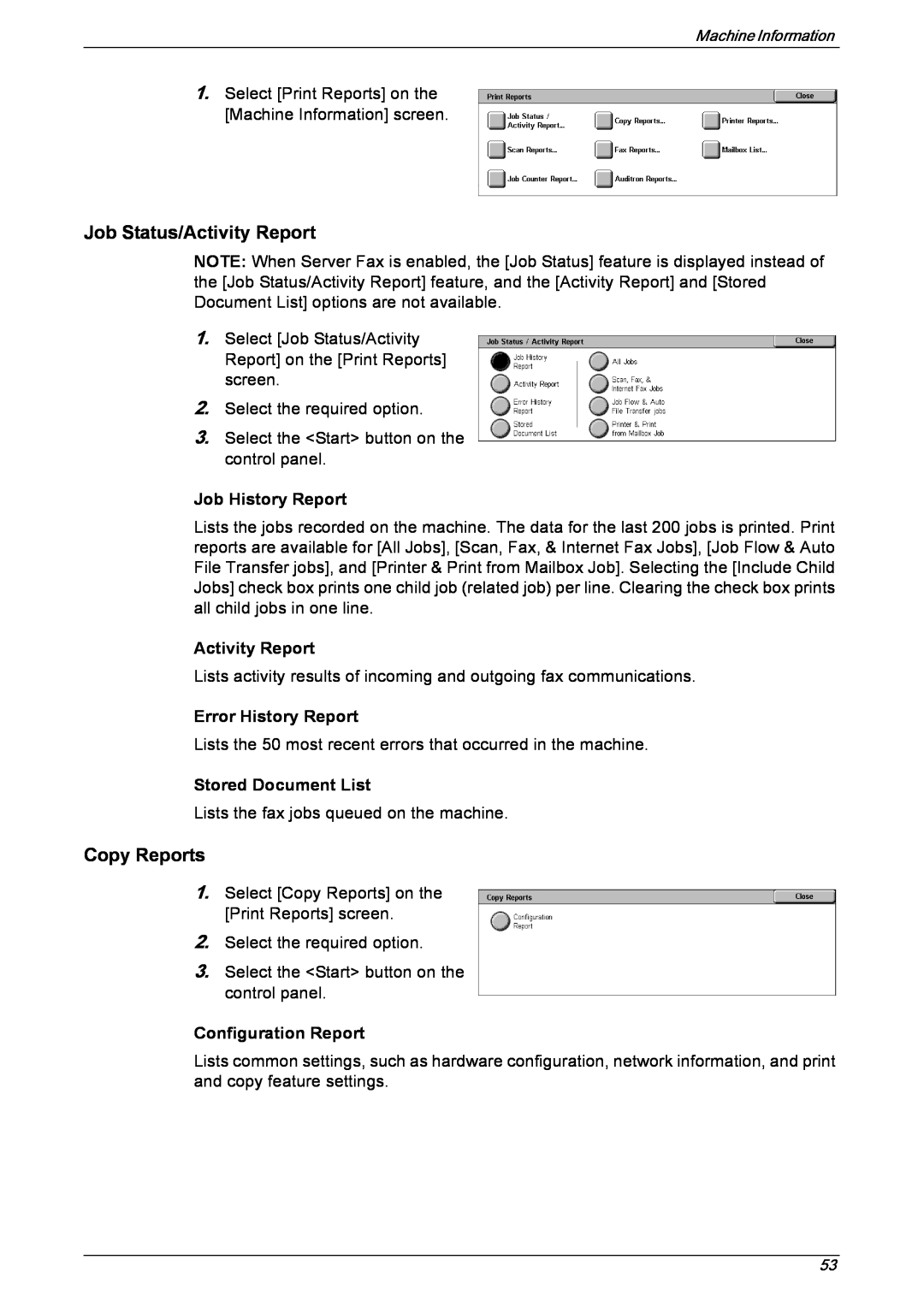 Xerox 5222 manual Job History Report, Activity Report, Error History Report, Stored Document List, Configuration Report 