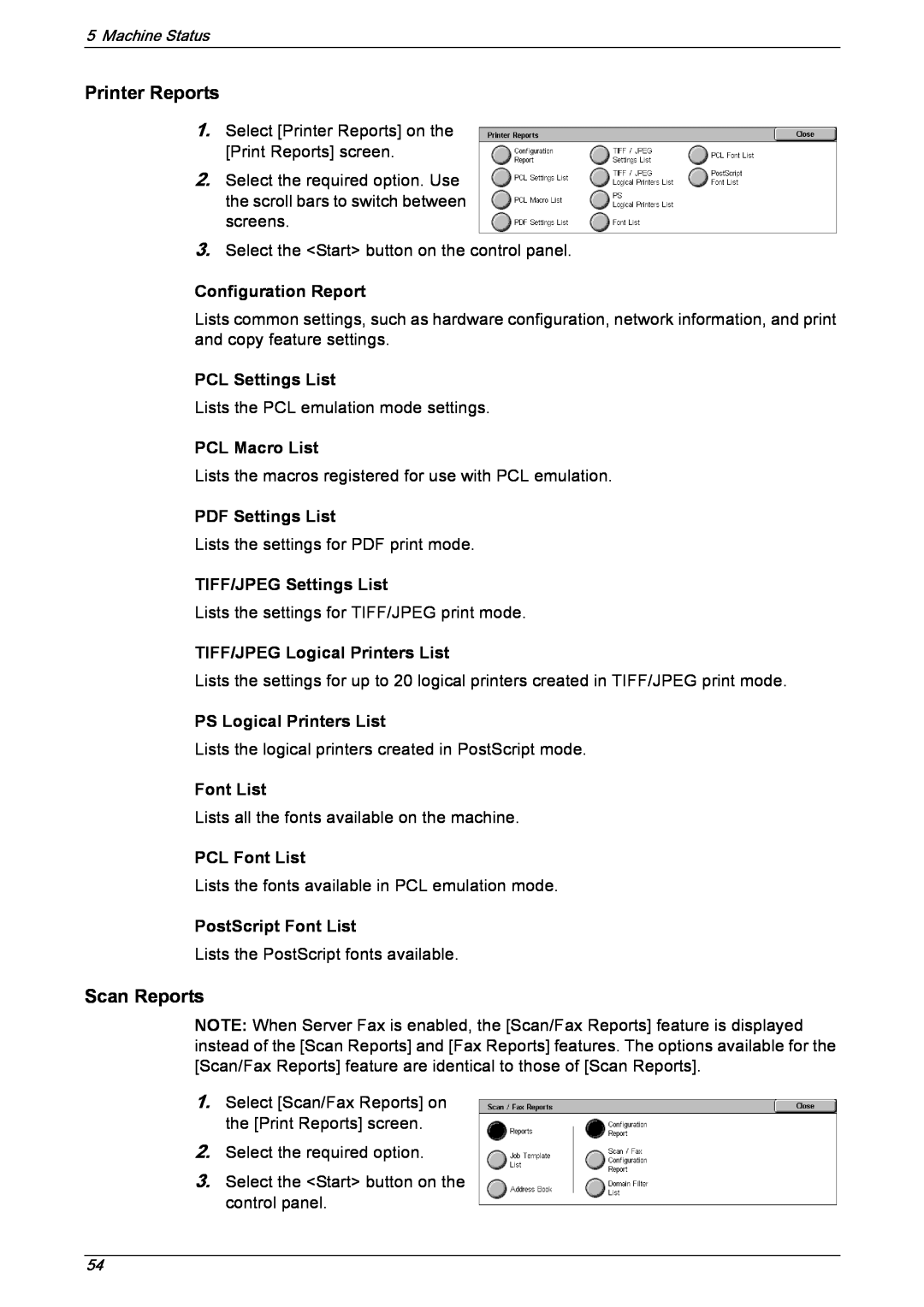 Xerox 5222 Configuration Report, PCL Settings List, PCL Macro List, PDF Settings List, TIFF/JPEG Settings List, Font List 