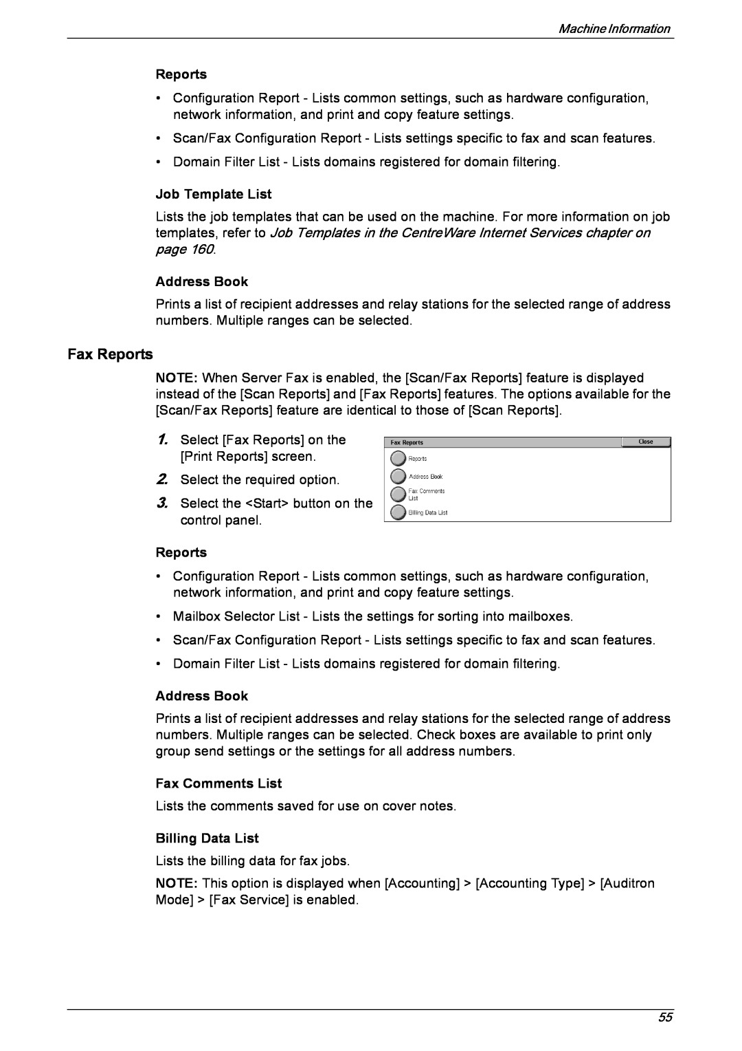 Xerox 5222 manual Reports, Job Template List, Address Book, Fax Comments List, Billing Data List 