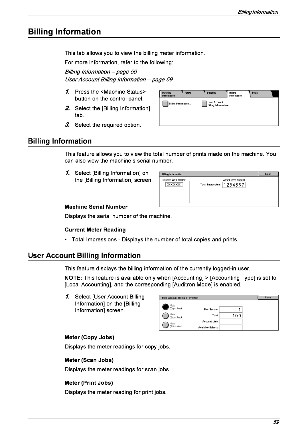 Xerox 5222 manual User Account Billing Information – page, Machine Serial Number, Current Meter Reading 
