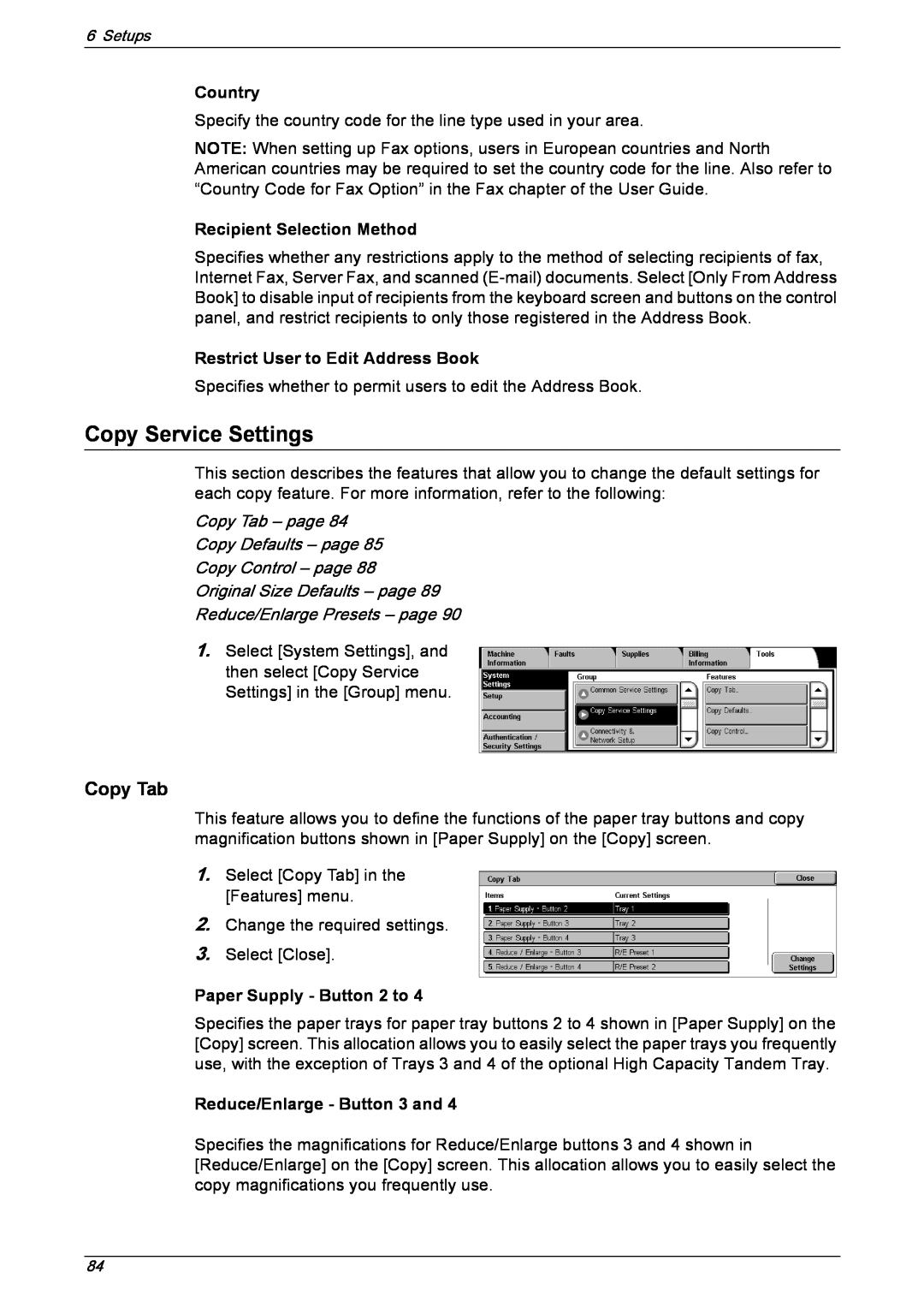 Xerox 5222 manual Copy Service Settings, Country, Recipient Selection Method, Restrict User to Edit Address Book 