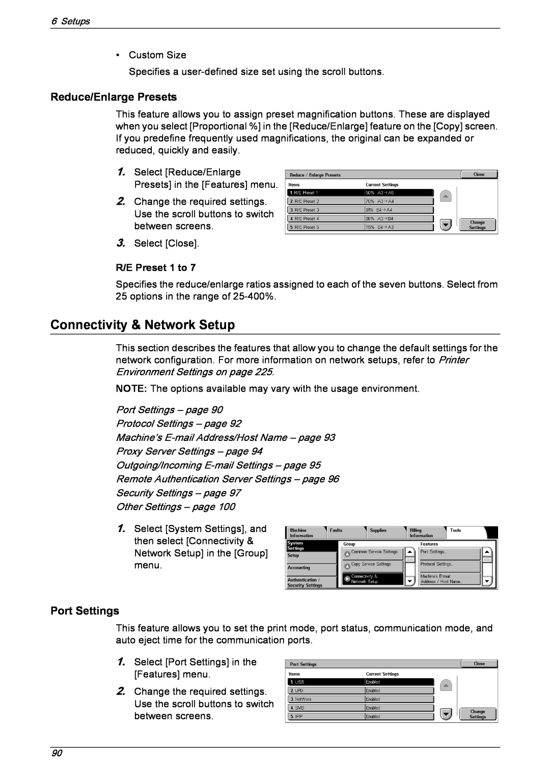 Xerox 5222 manual Connectivity & Network Setup, R/E Preset 1 to, Port Settings – page Protocol Settings – page 