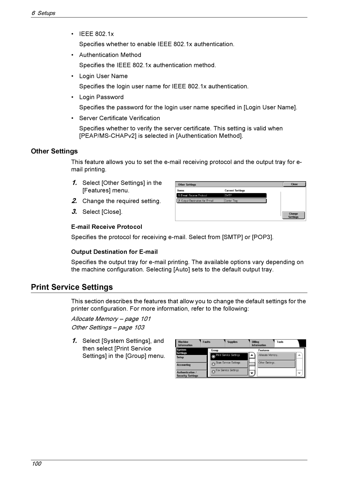 Xerox 5222 manual Print Service Settings, Mail Receive Protocol, Output Destination for E-mail 